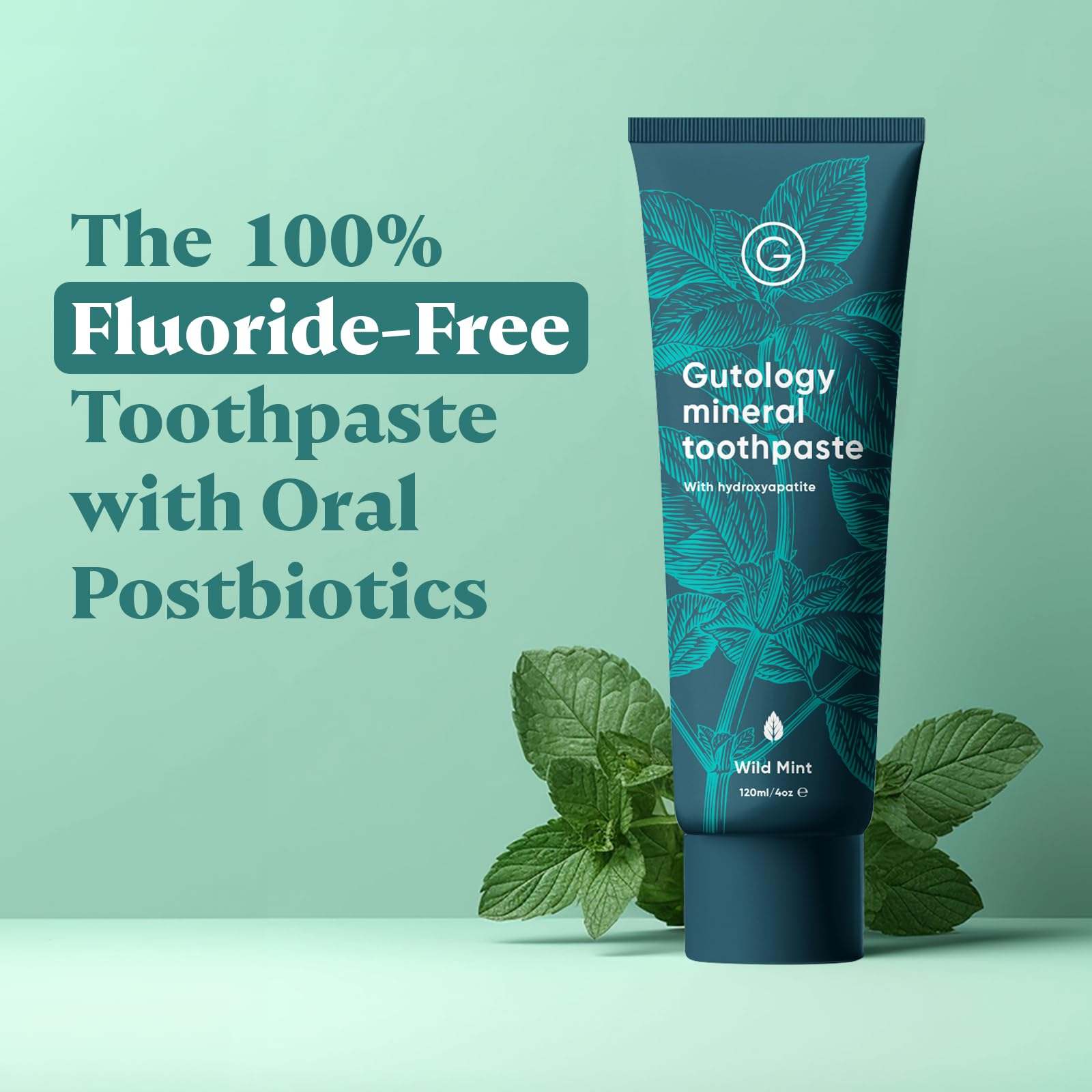 Gutology probiotic hydroxyapatite toothpaste in a 5.5oz tube, designed for effective oral cleaning and healthy teeth.