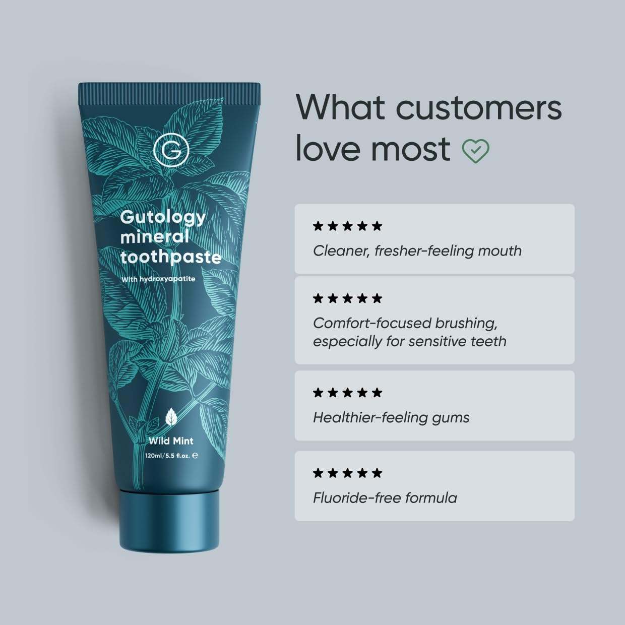 Gutology probiotic hydroxyapatite toothpaste in a 5.5oz tube, designed for effective tooth cleaning and oral health.