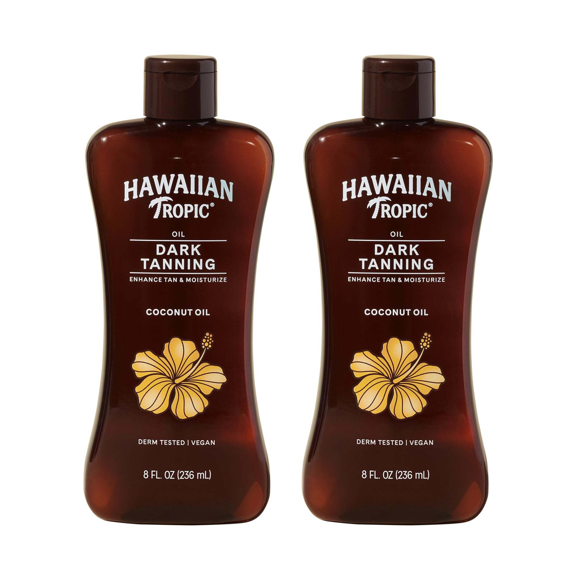 Hawaiian Tropic Dark Tanning Oil twin pack in 8 fl oz bottles, moisturizing skin with tropical sun protection and deep tanning benefits.