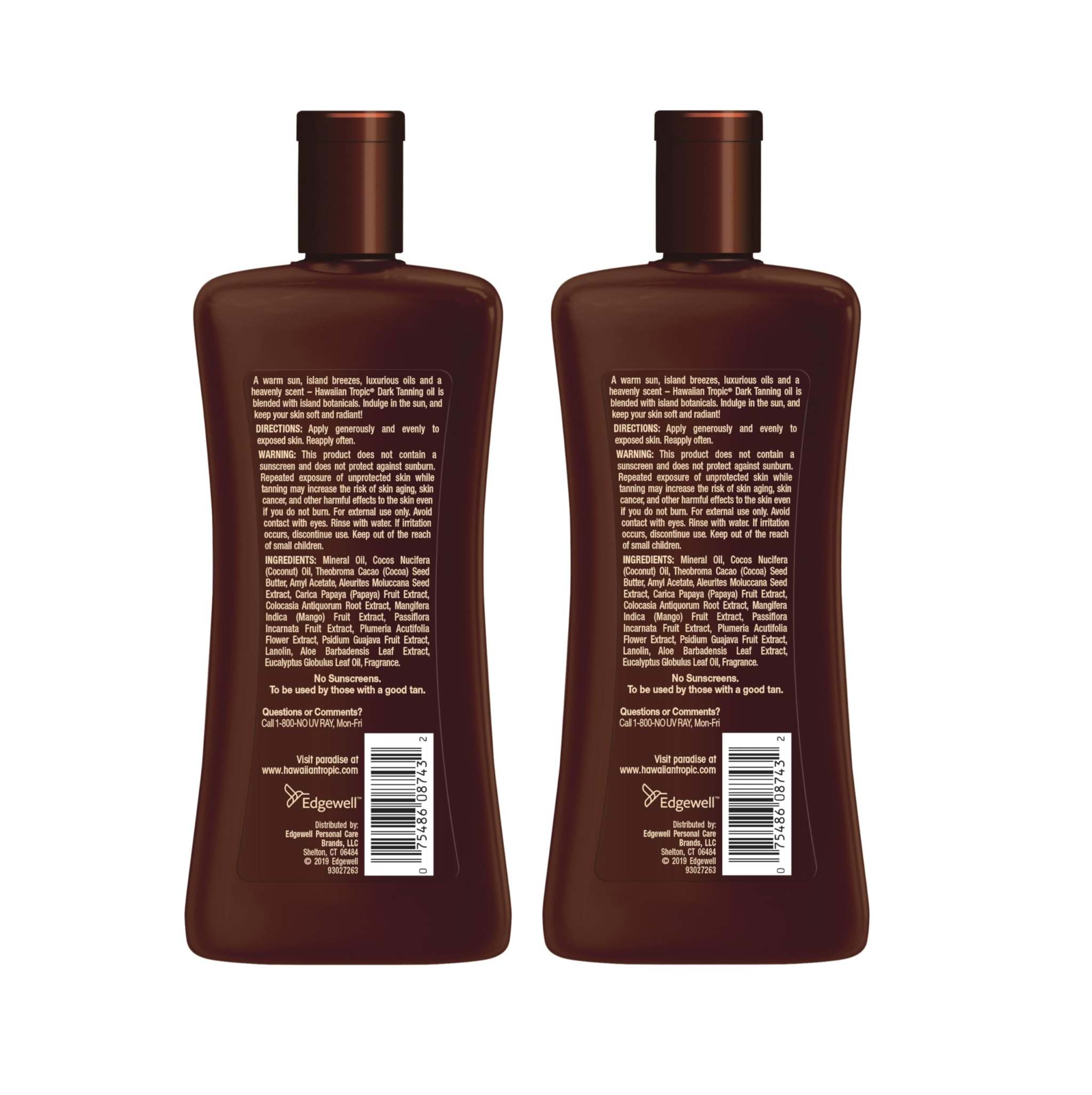 Hawaiian Tropic Dark Tanning Oil twin pack in 8 fl oz bottles, moisturizing skin with tropical sun protection and tanning enhancement.