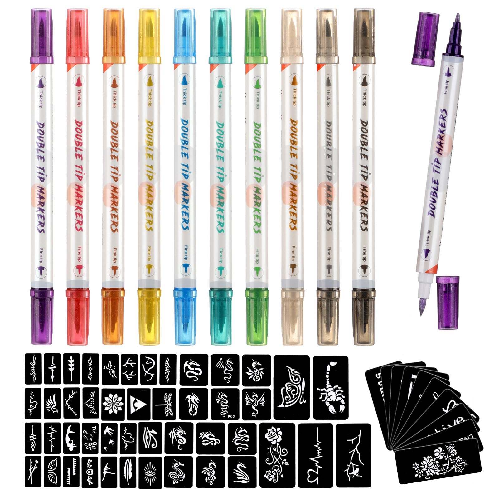 HAWINK temporary tattoo markers kit with 10 pens and 56 stencils for creating custom temporary tattoos.