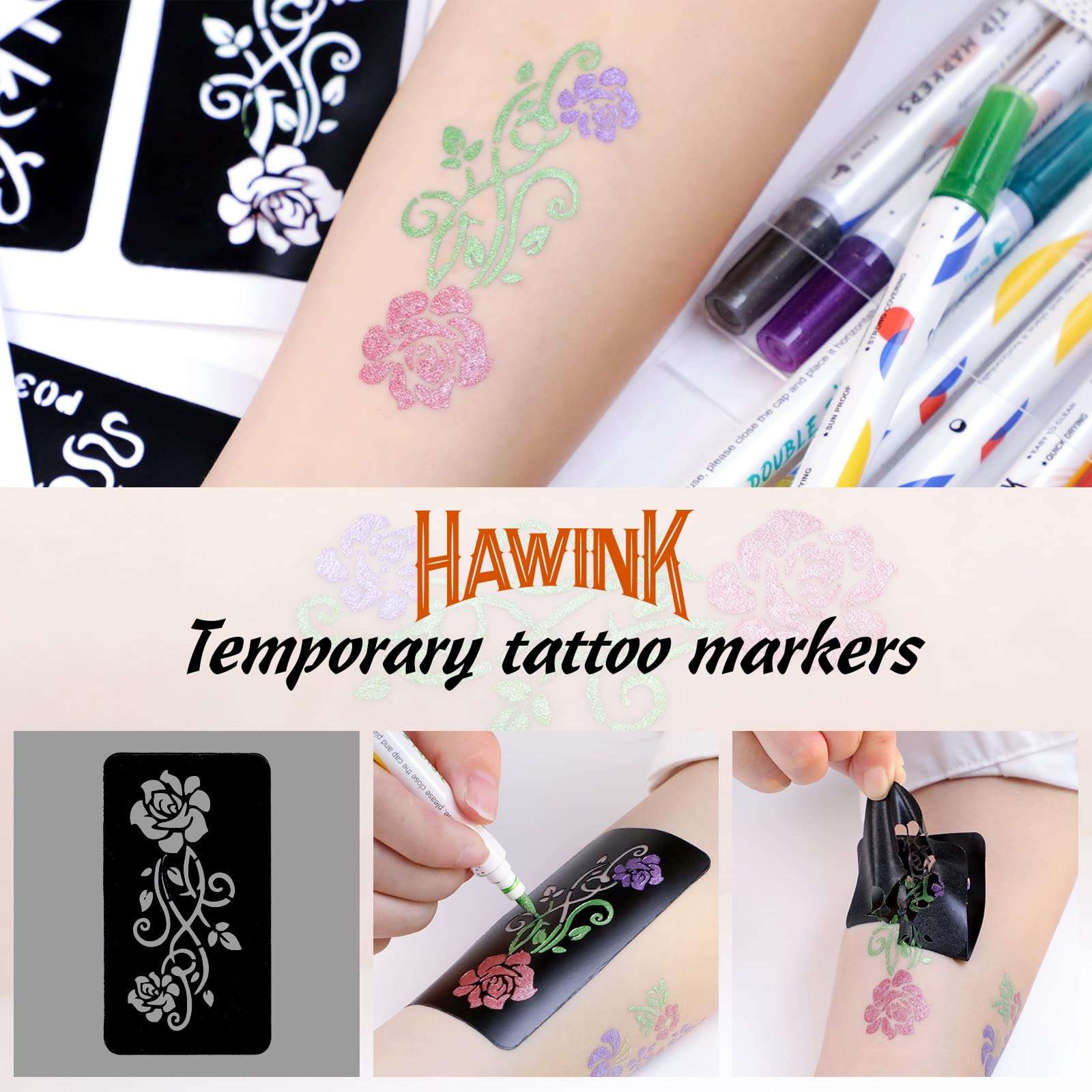 HAWINK temporary tattoo markers kit with 10 pens and 56 stencils for easy body art and tattoo designs.