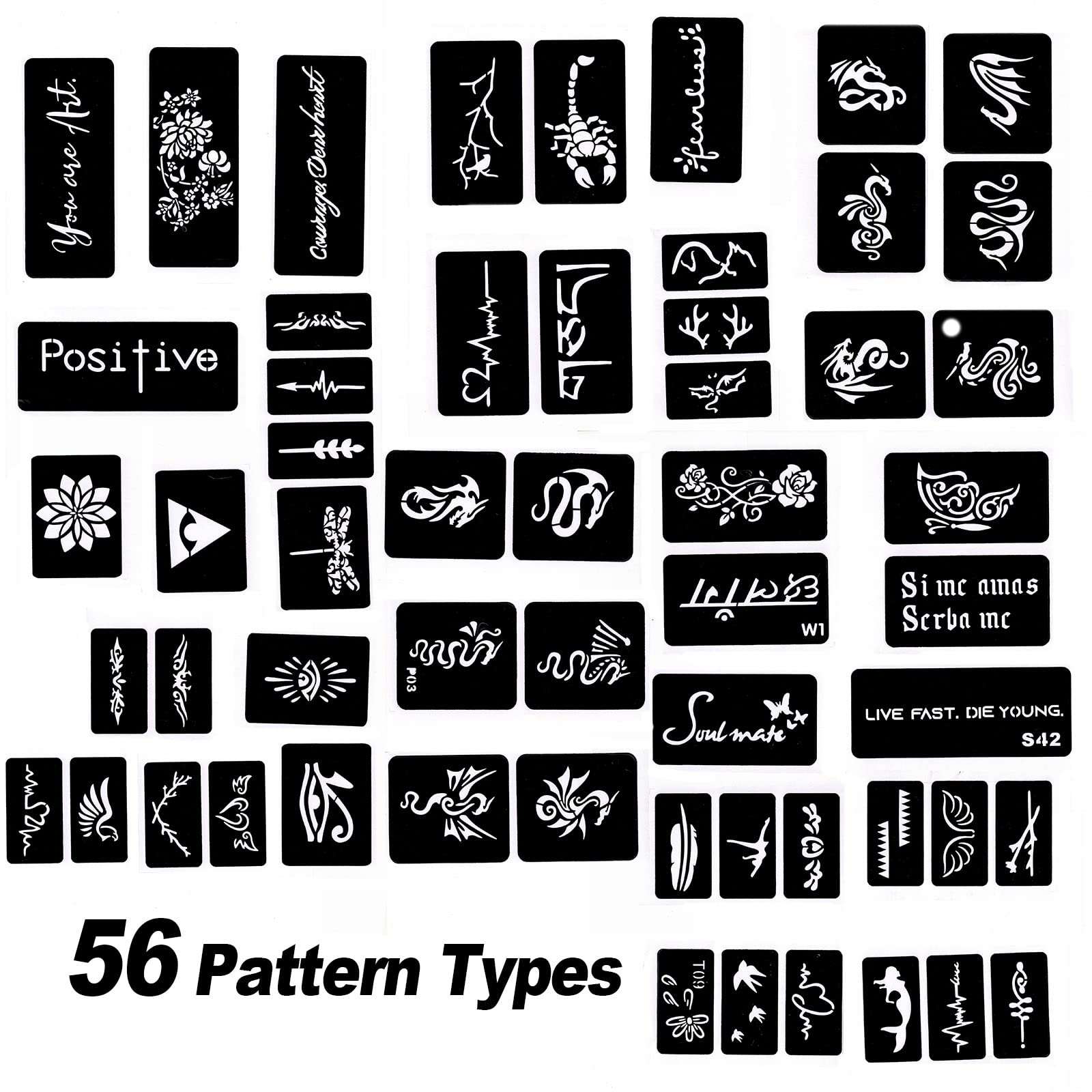 Hawink temporary tattoo markers kit with 10 pens and 56 stencils for creating temporary body tattoos, shown on a neutral background.