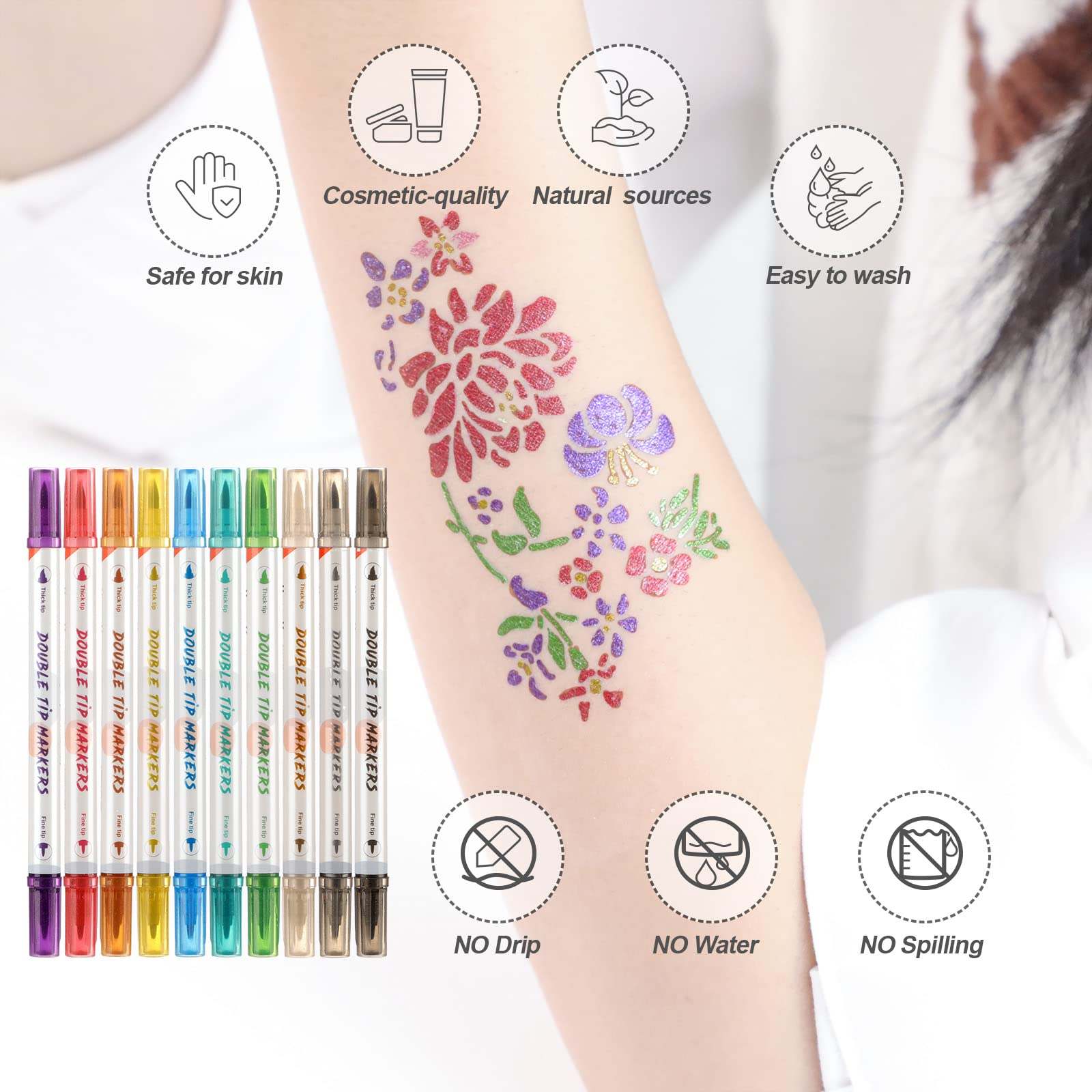 HAWINK temporary tattoo markers kit with 10 pens and 56 stencils for creating temporary body art and designs.