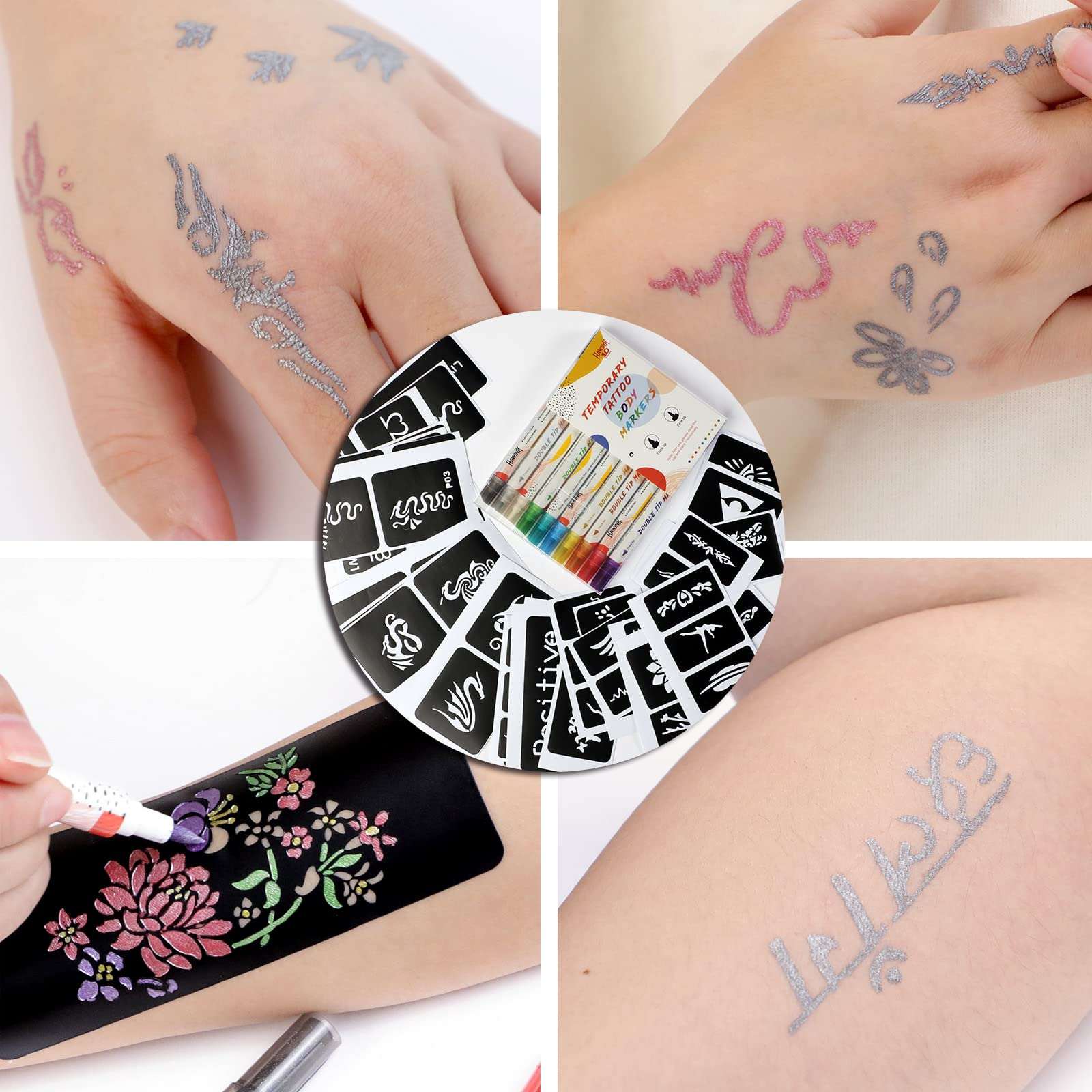 HAWINK temporary tattoo markers kit with 10 pens and 56 stencils for easy, creative body art and tattoo designs.