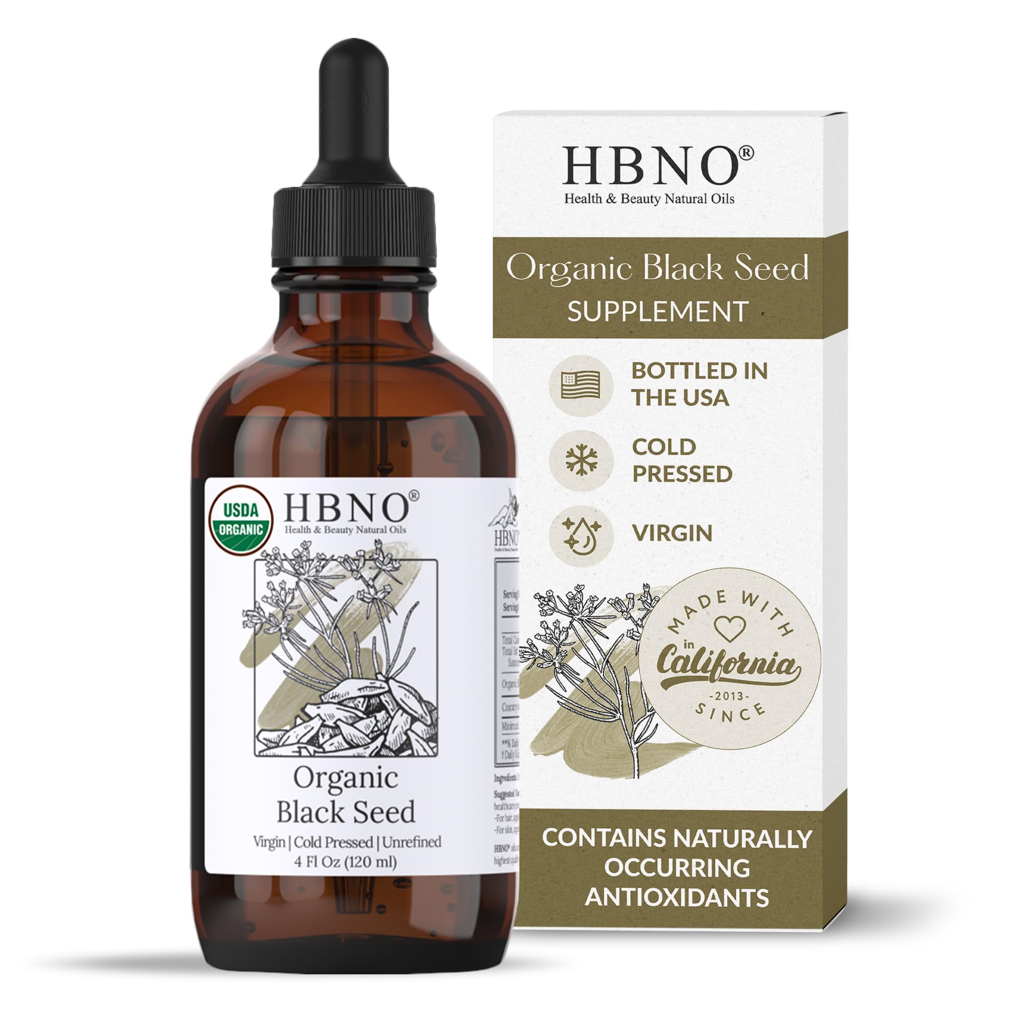 HBNO Organic Black Seed Oil in 4oz bottle, USDA Certified cold-pressed black seed oil with dark glass bottle and dropper cap