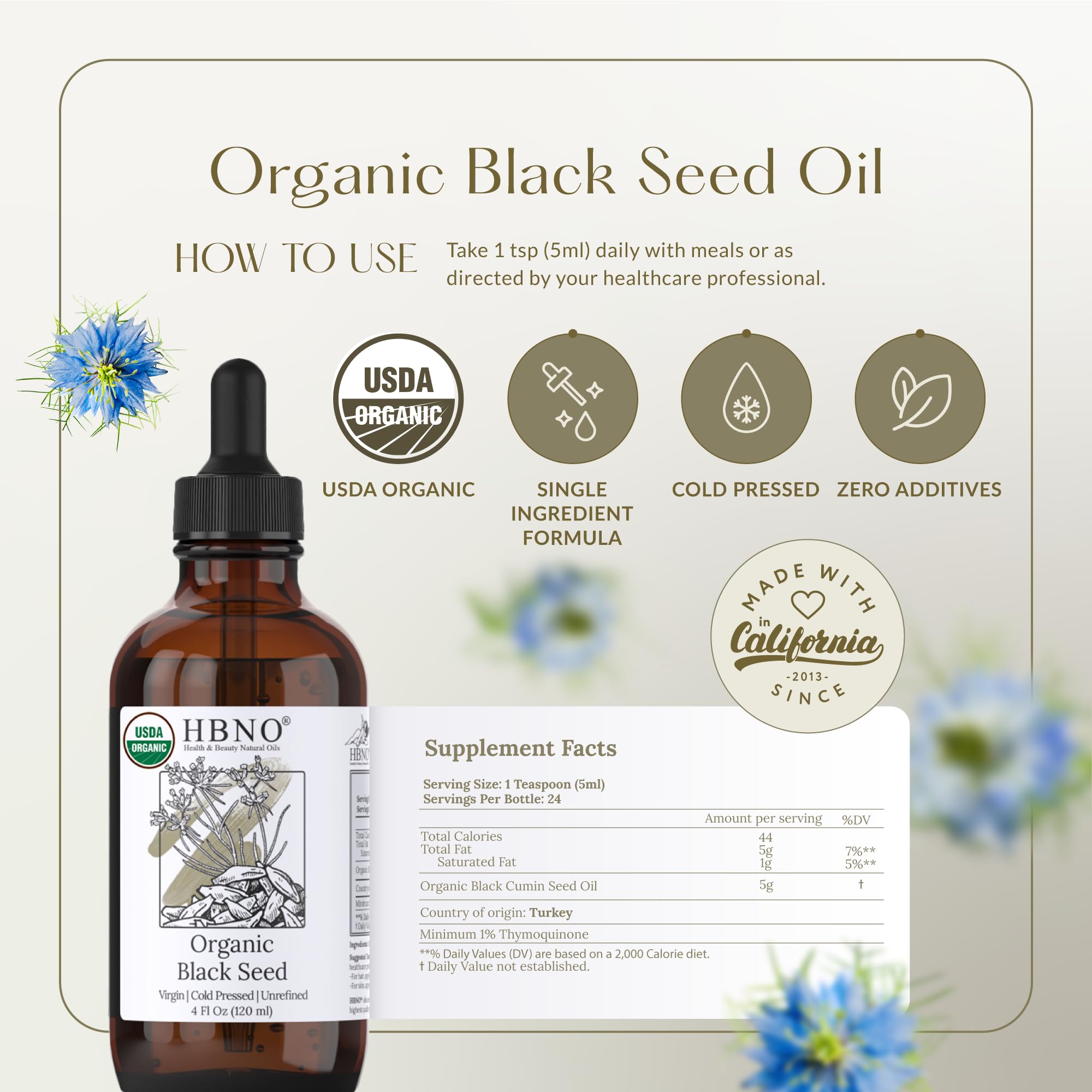 HBNO Organic Black Seed Oil in 4oz bottle, USDA Certified, cold-pressed black seed oil for health and wellness.