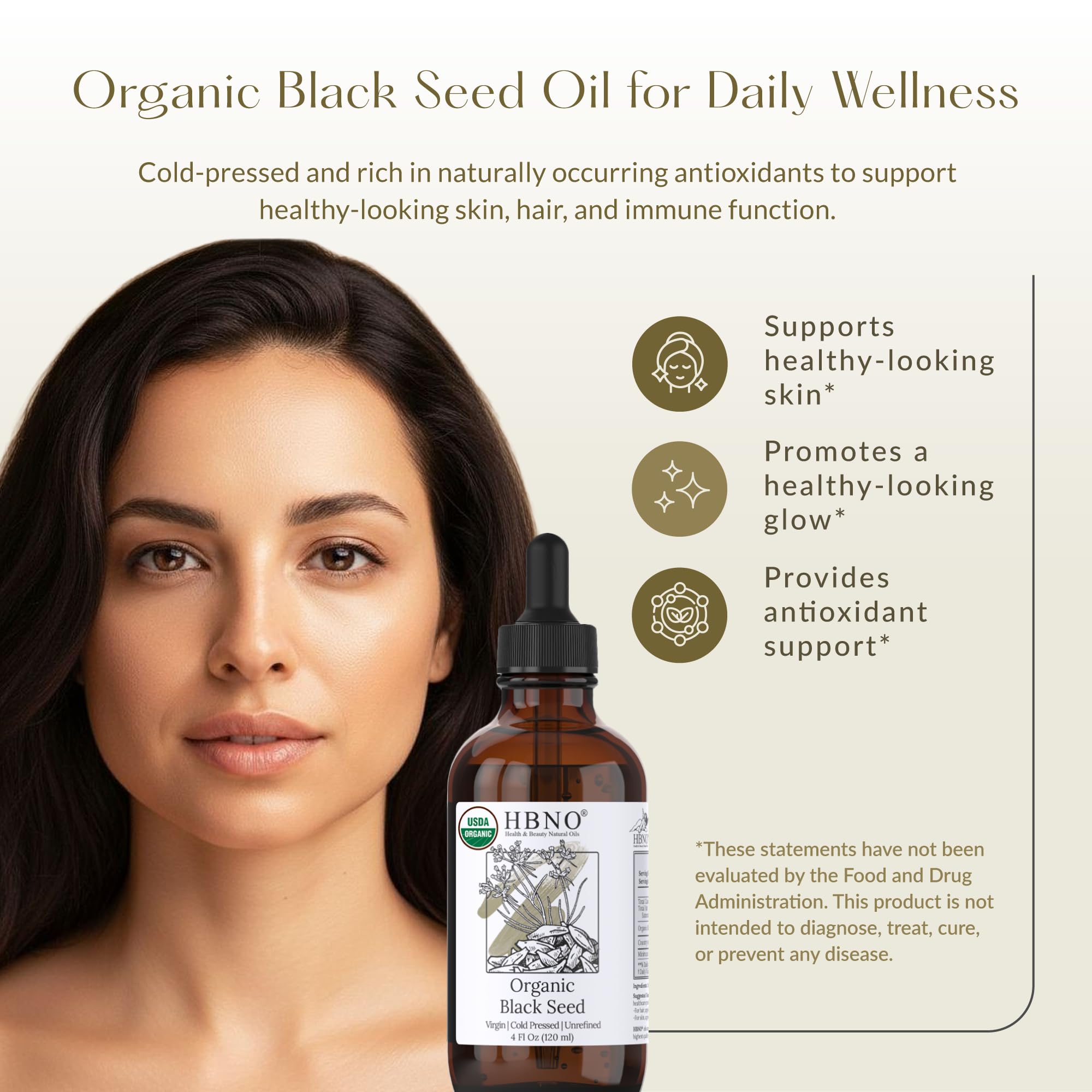 HBNO Organic Black Seed Oil in 4oz bottle, USDA Certified, cold-pressed black seed oil with a dark glass bottle and dropper cap.