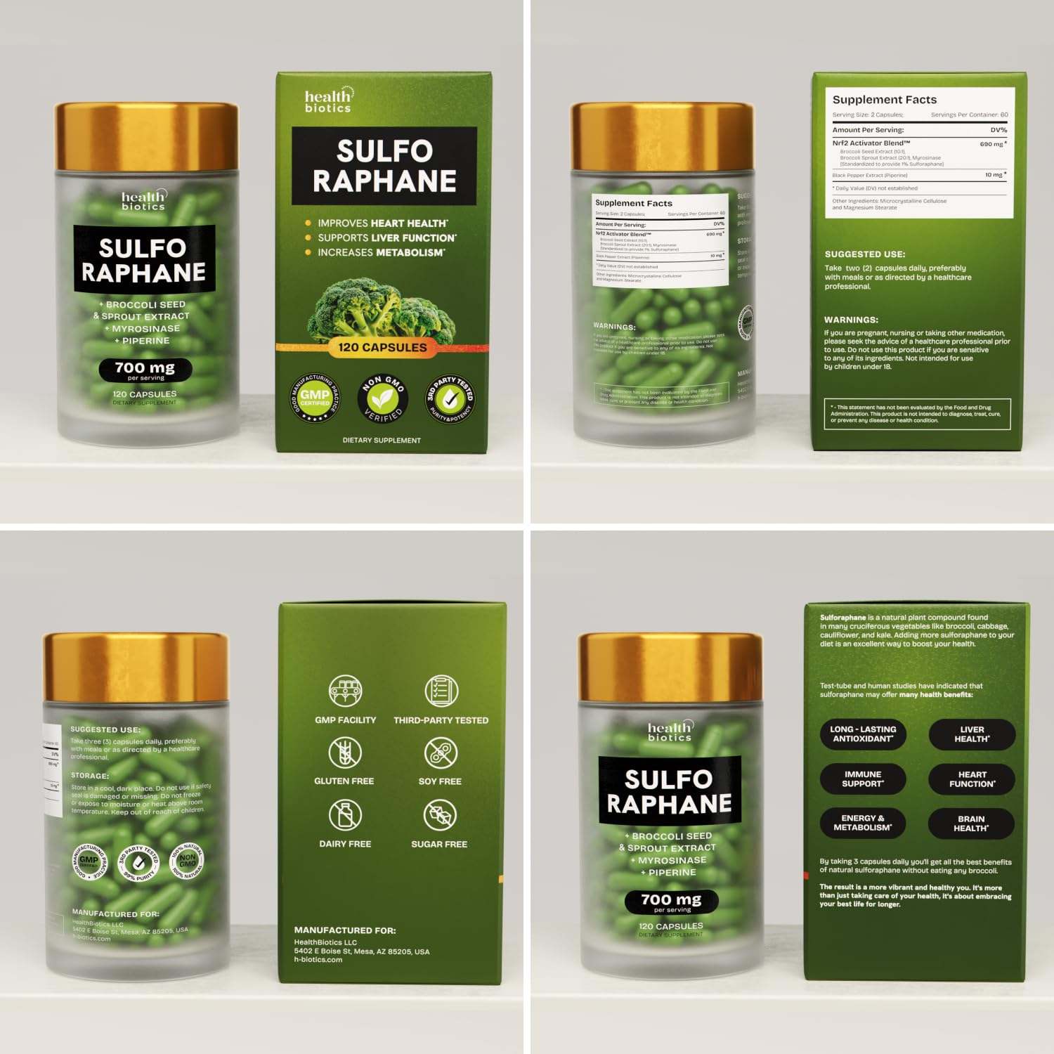 Healthbiotics Sulforaphane herbal supplement 240 pills, 2-pack, with capsules visible in bottle for immune and antioxidant support.