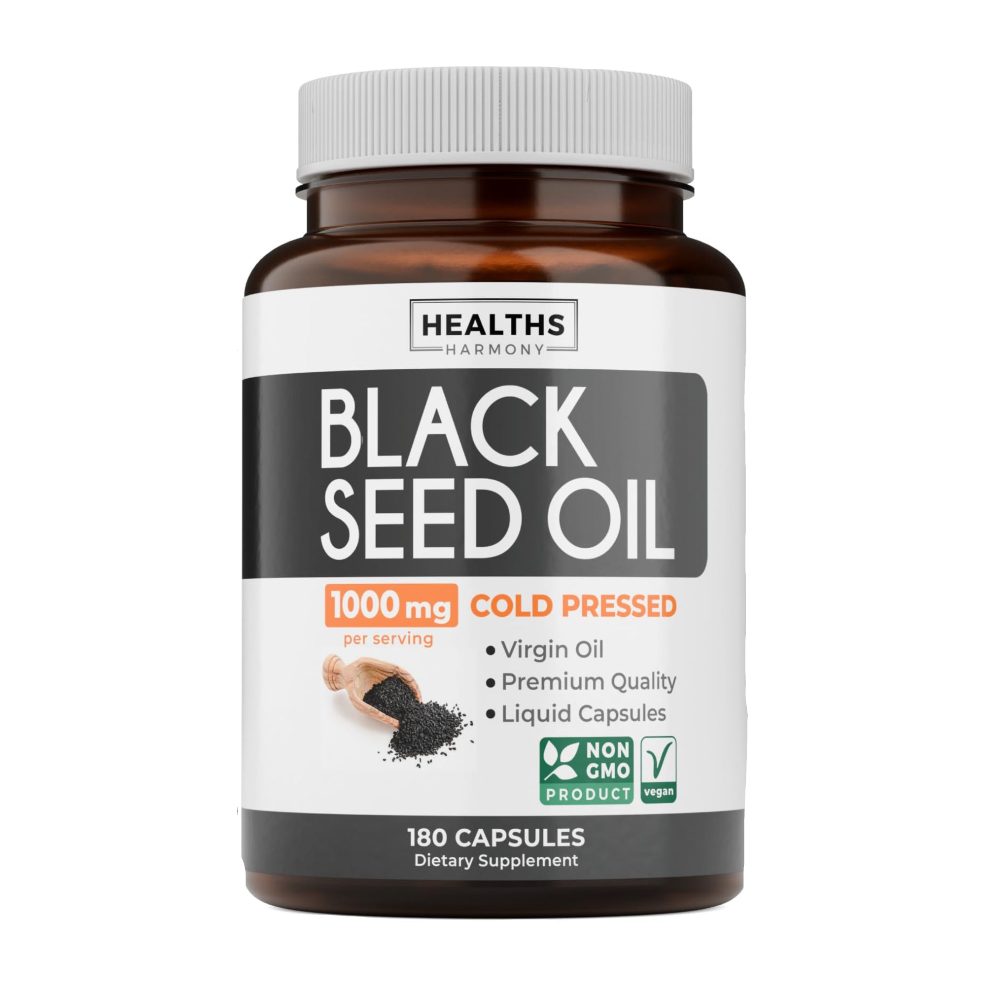 Healths Harmony Black Seed Oil softgels, herbal supplement with 180 capsules of 500mg each, displayed in a natural setting