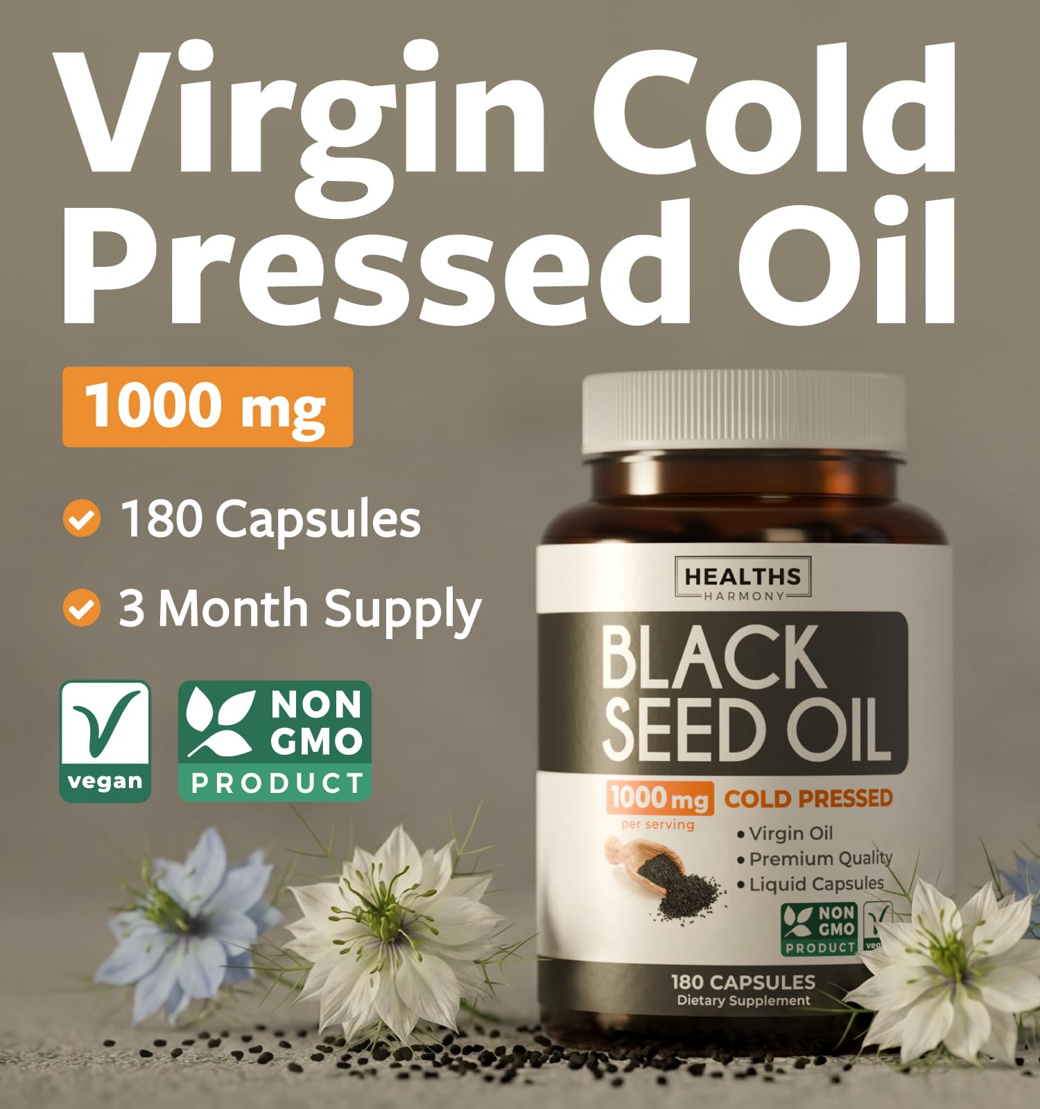 Healths Harmony Black Seed Oil softgels, herbal supplement, 180 softgels at 500mg each, in a clear bottle with label.