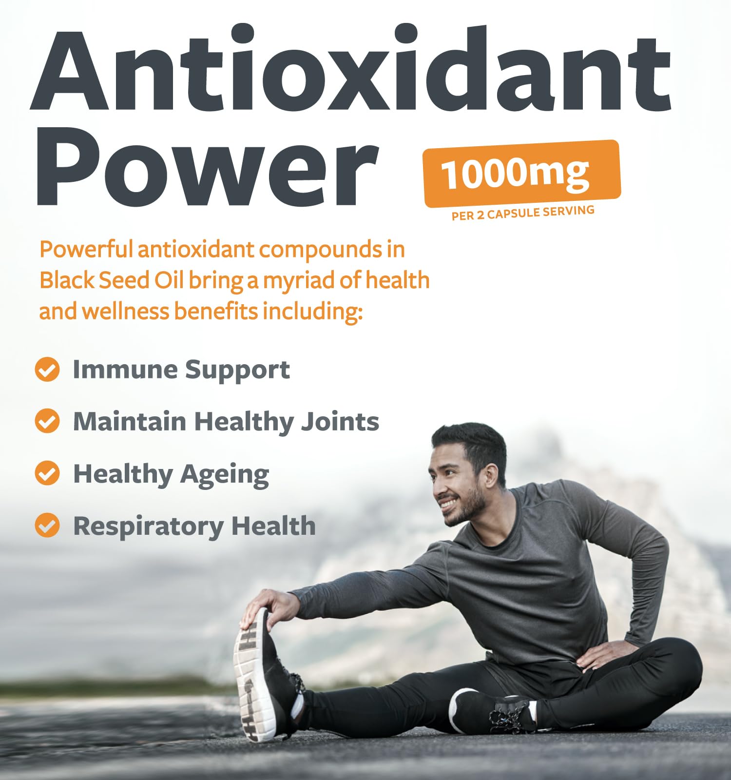 Healths Harmony Black Seed Oil softgels, 180 capsules of herbal supplement with 500mg per softgel, displayed in bottle.