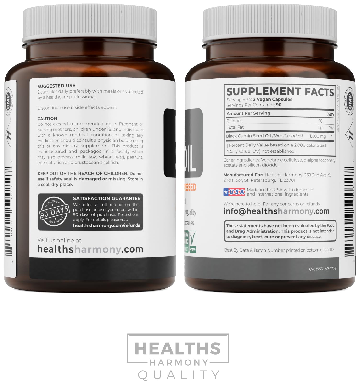 Healths Harmony Black Seed Oil softgels, herbal supplement, 180 softgels at 500mg each, shown in a clear bottle.
