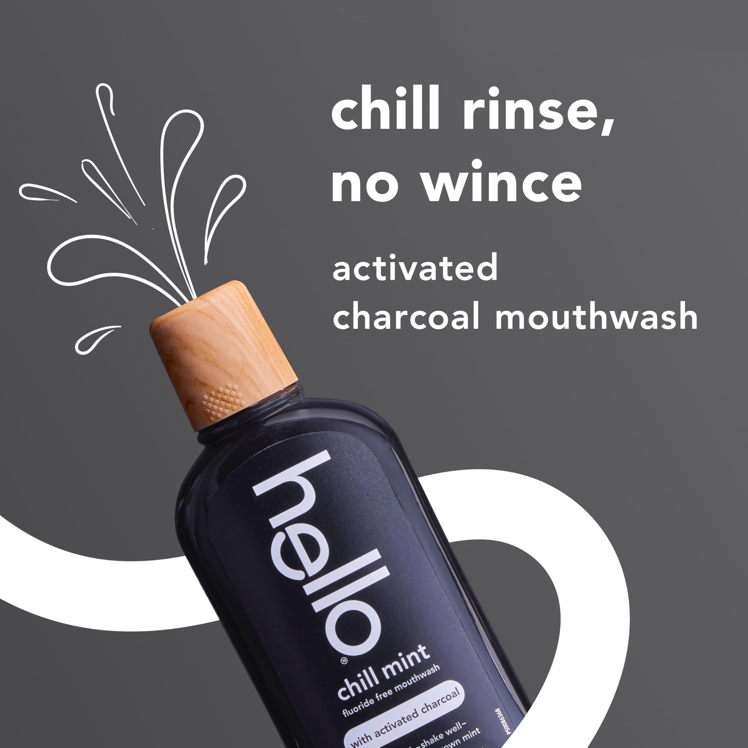 Three bottles of hello Chill Mint Charcoal Mouthwash, alcohol-free, in a 3-pack, showing the mouthwash bottles with mint and charcoal labels.