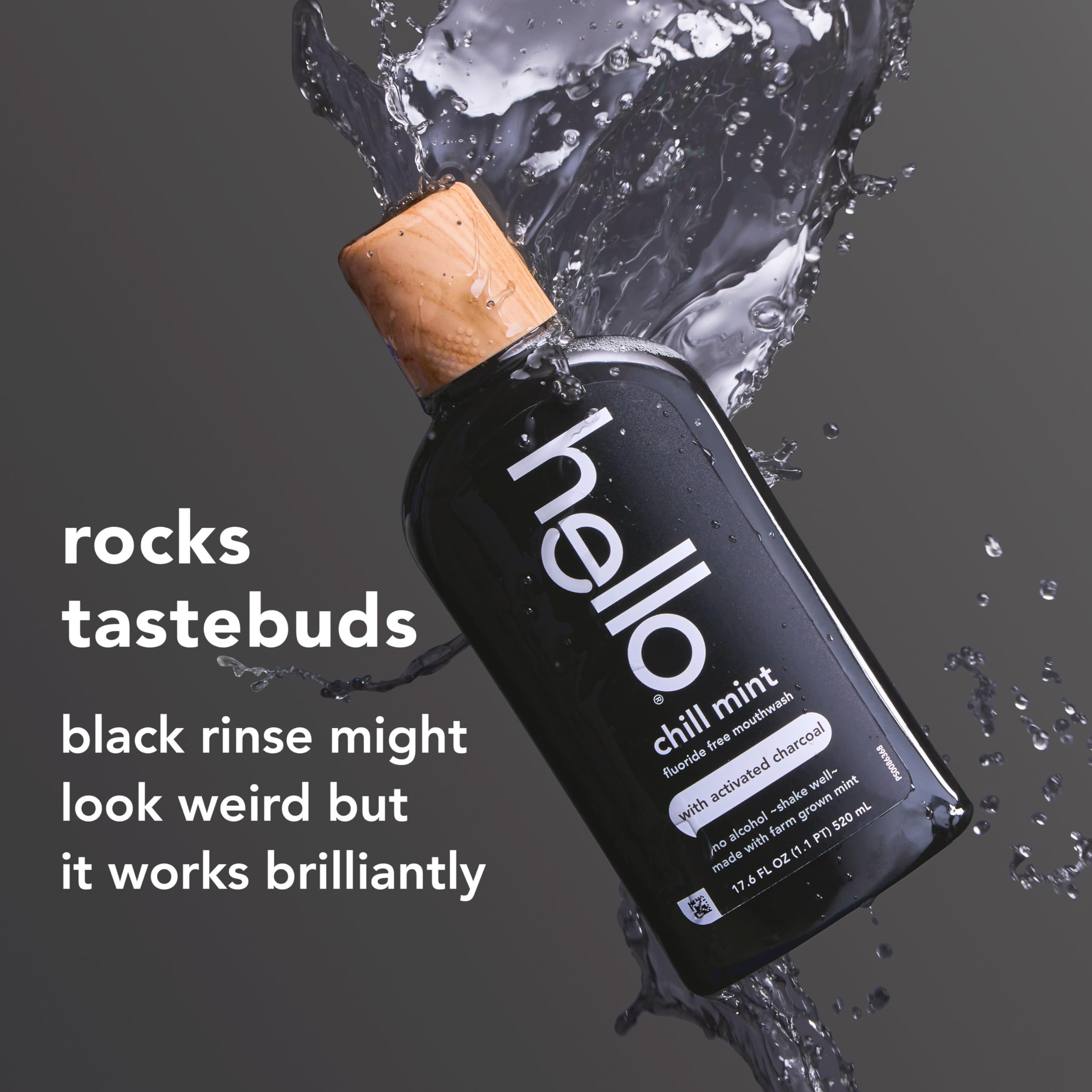hello Chill Mint Charcoal Mouthwash alcohol-free 3-pack, featuring fresh mint flavor and natural charcoal for oral freshness.