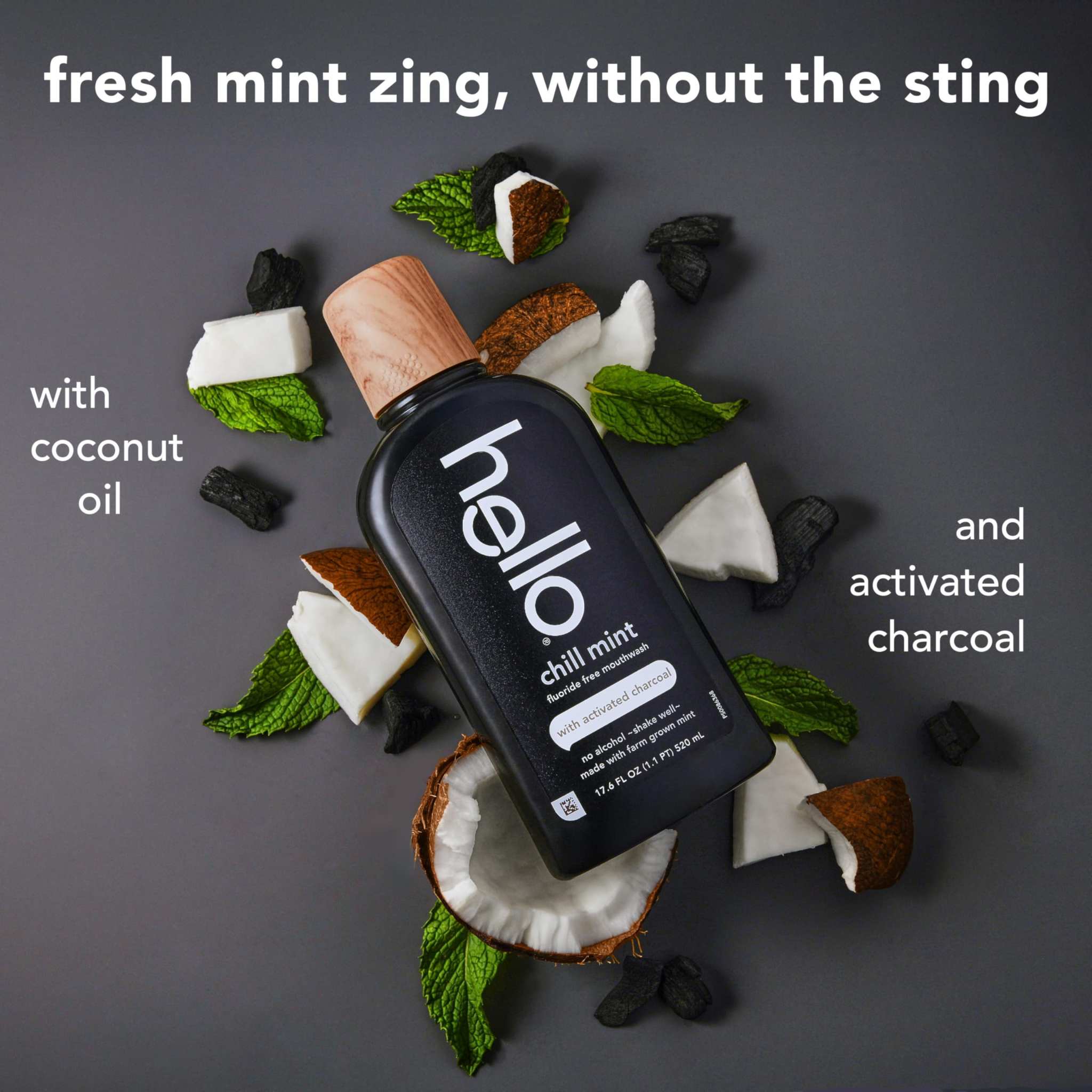 Three bottles of hello Chill Mint Charcoal Mouthwash, alcohol-free, in a 3-pack, featuring fresh mint and charcoal ingredients.