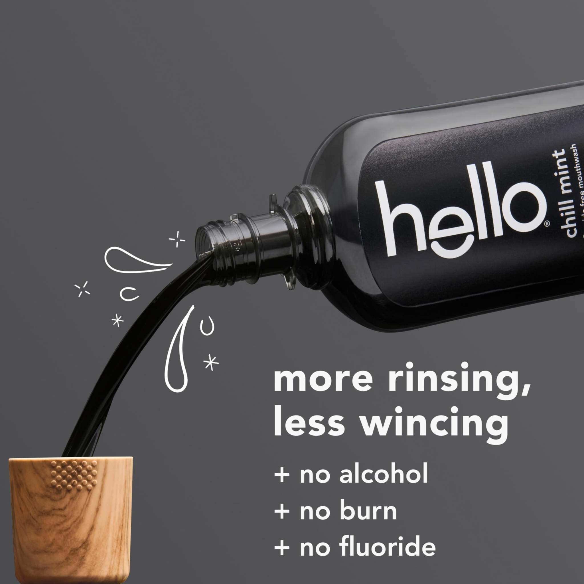 hello Chill Mint charcoal mouthwash alcohol-free 3-pack, fresh mint flavor, in bottles with label showing branding and product details