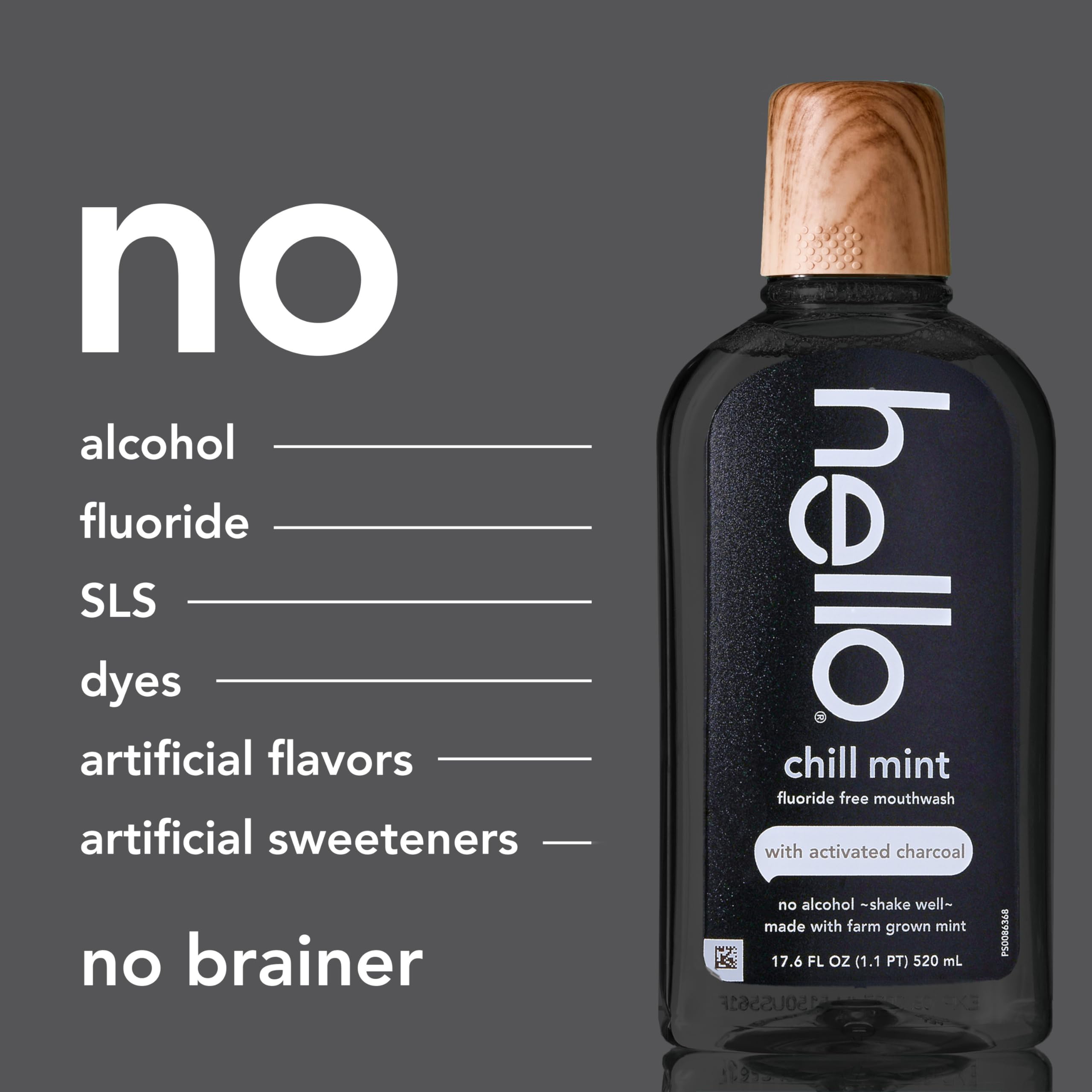 Hello Chill Mint Charcoal Mouthwash alcohol-free 3-pack, fresh mint flavor in a sleek bottle, ideal for oral freshness and whitening.