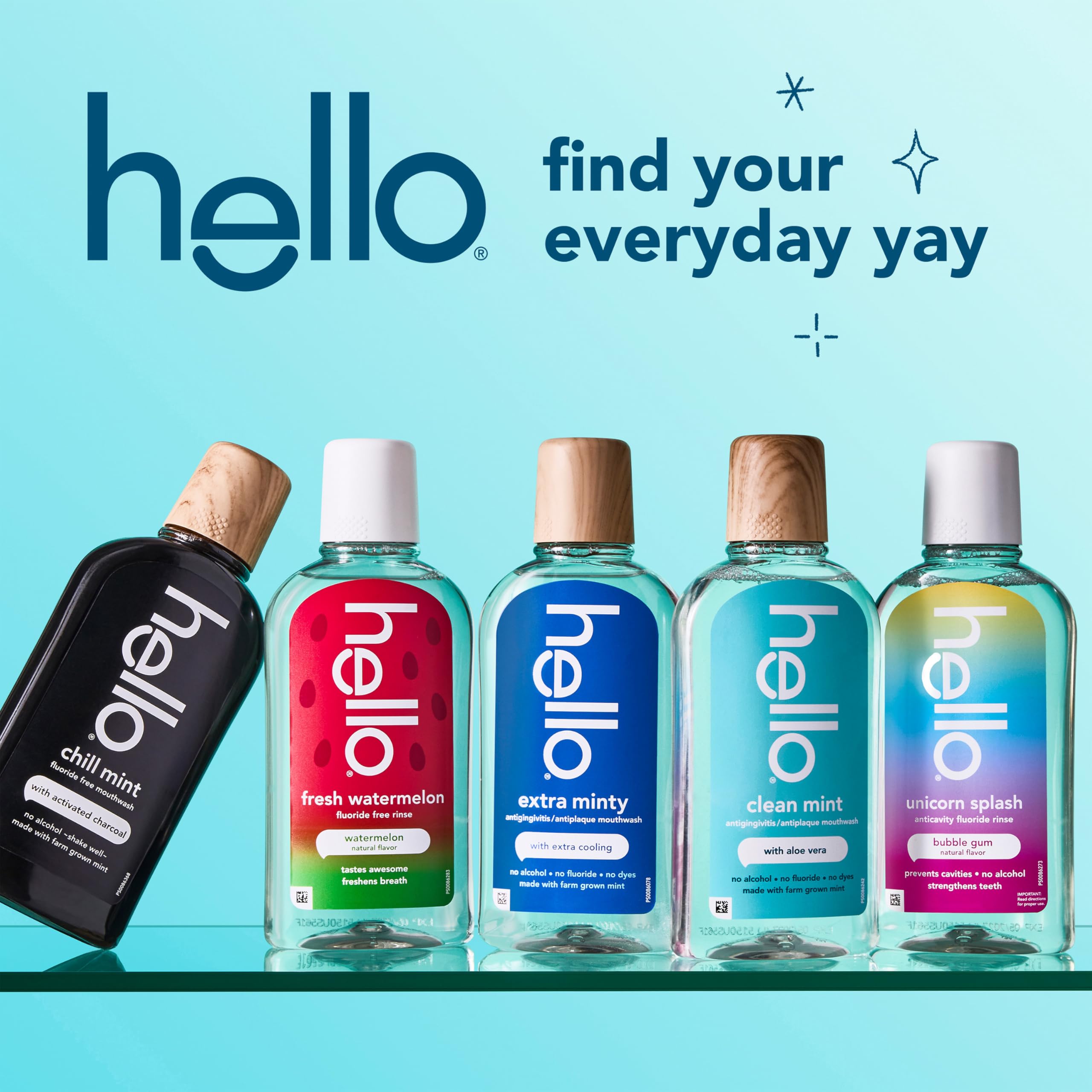Hello Chill Mint charcoal mouthwash alcohol-free 3-pack, fresh mint flavor, for clean and breath-freshening oral care.