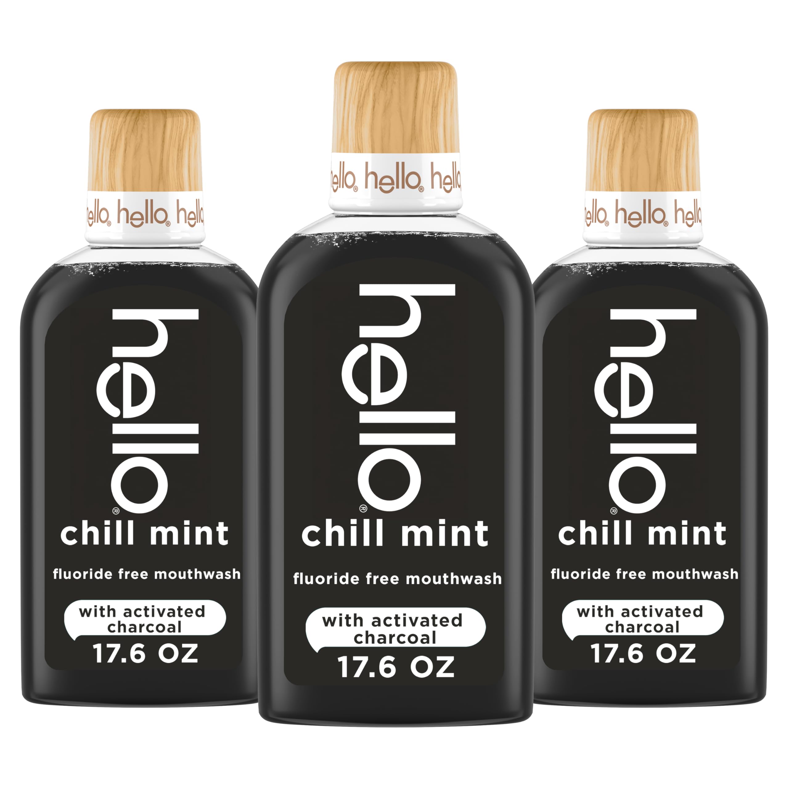 Hello Chill Mint Charcoal Mouthwash alcohol-free 3-pack, featuring fresh mint flavor and natural charcoal for oral freshness.