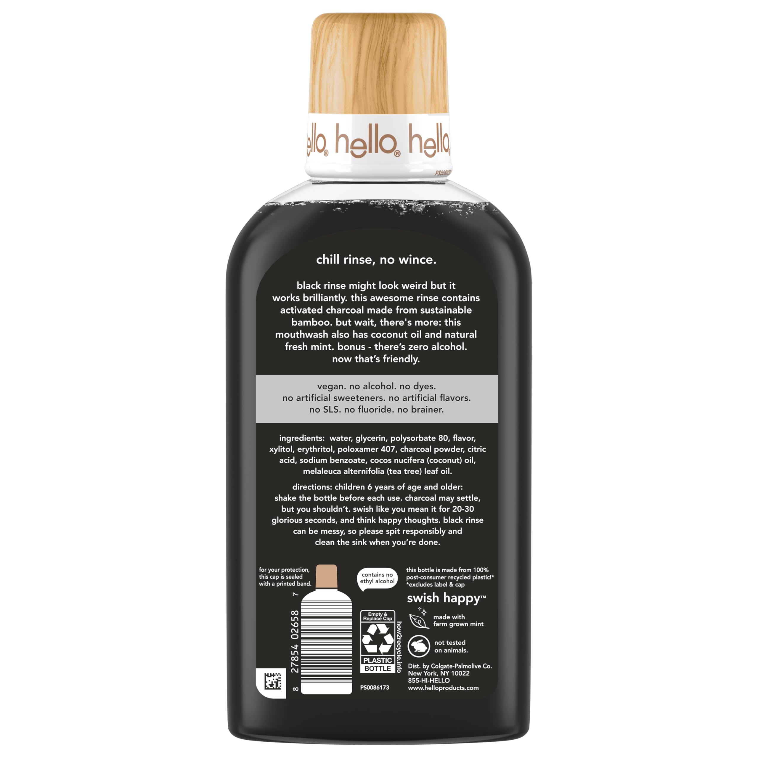Hello Chill Mint Charcoal Mouthwash alcohol-free 3-pack, showing bottles with mint and charcoal ingredients for fresh breath.