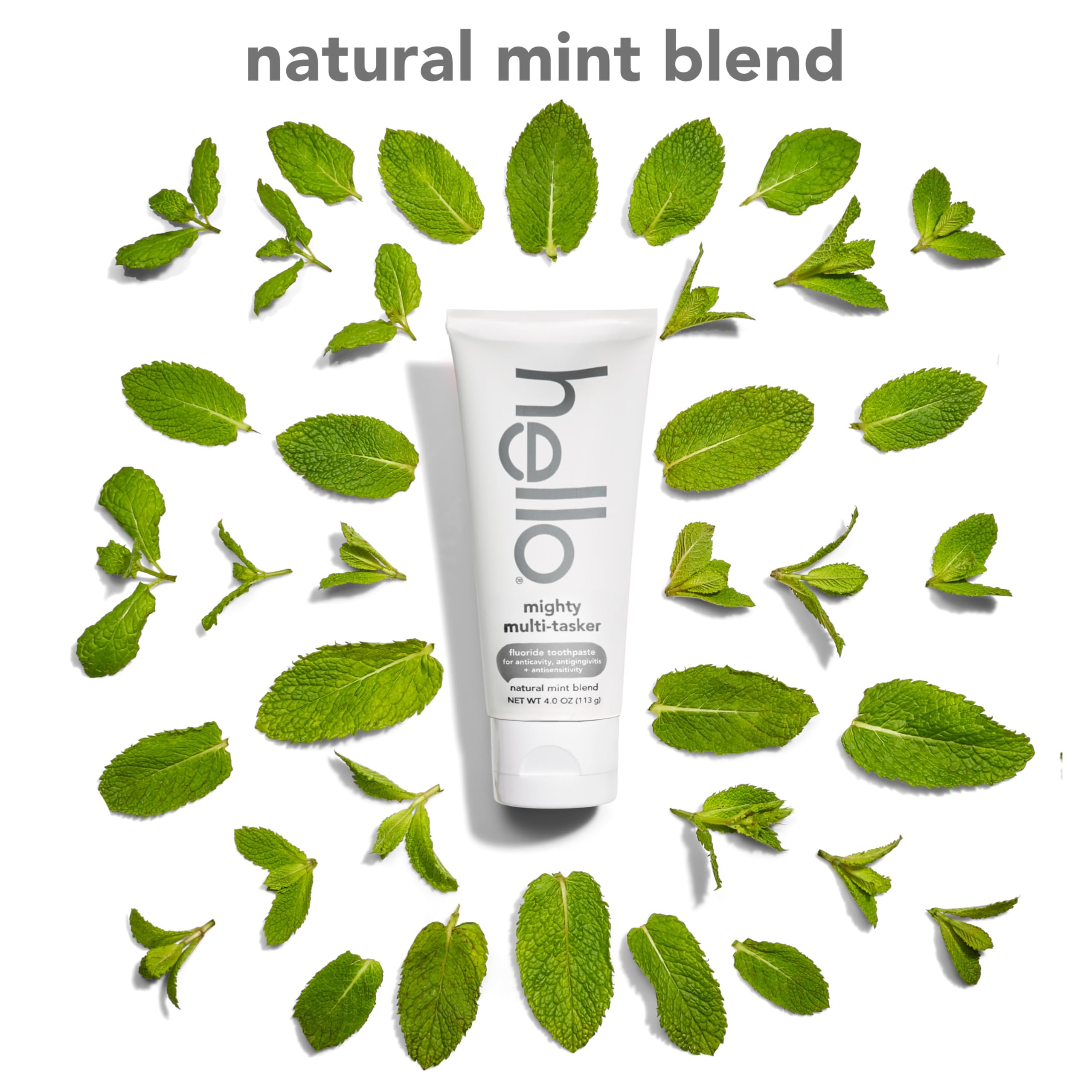 Two tubes of hello 8-in-1 fluoride toothpaste with mint flavor, SLS-free, for effective tooth cleaning and fresh breath.