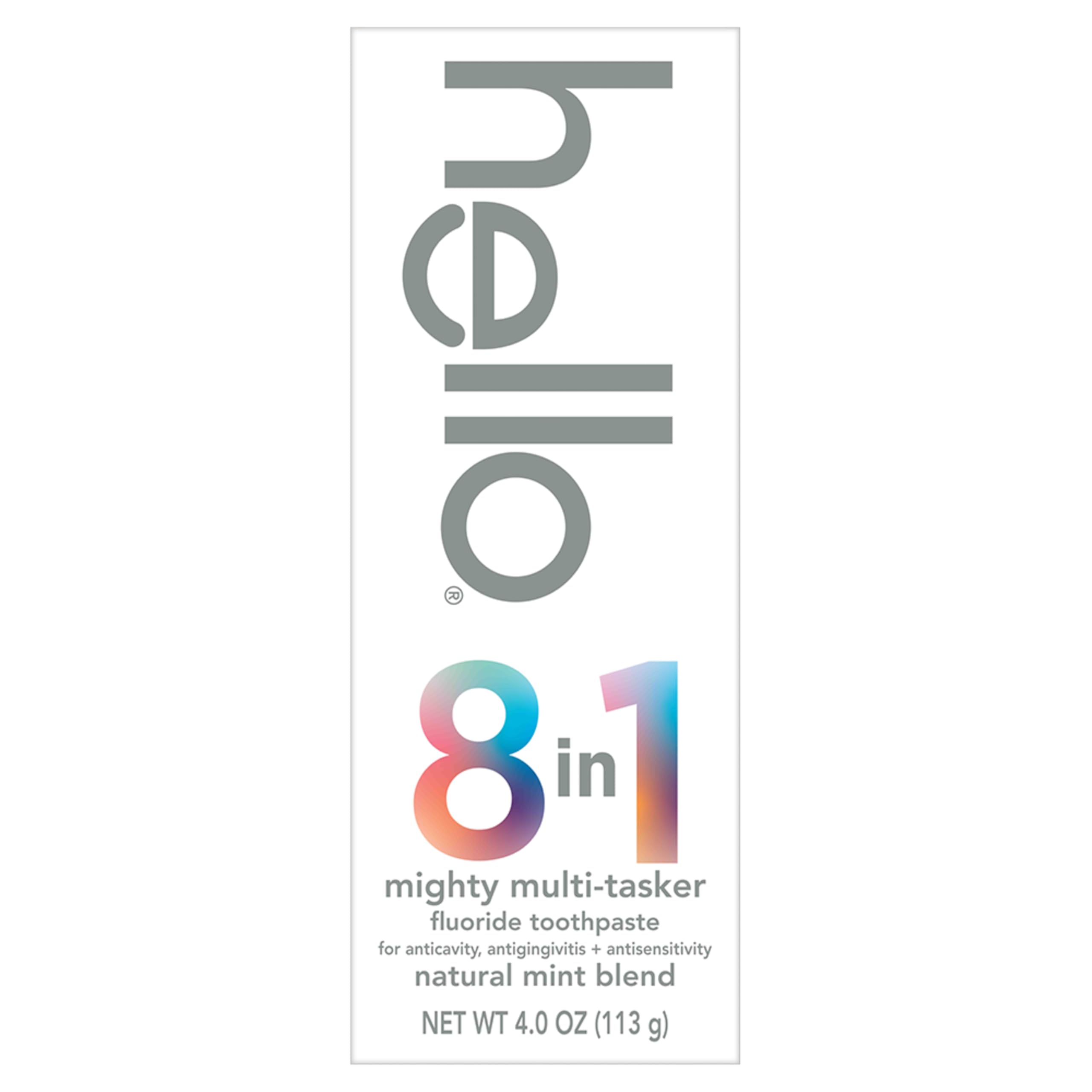 Two tubes of hello 8-in-1 fluoride toothpaste with SLS-free mint flavor, displayed side by side, showing the product packaging.