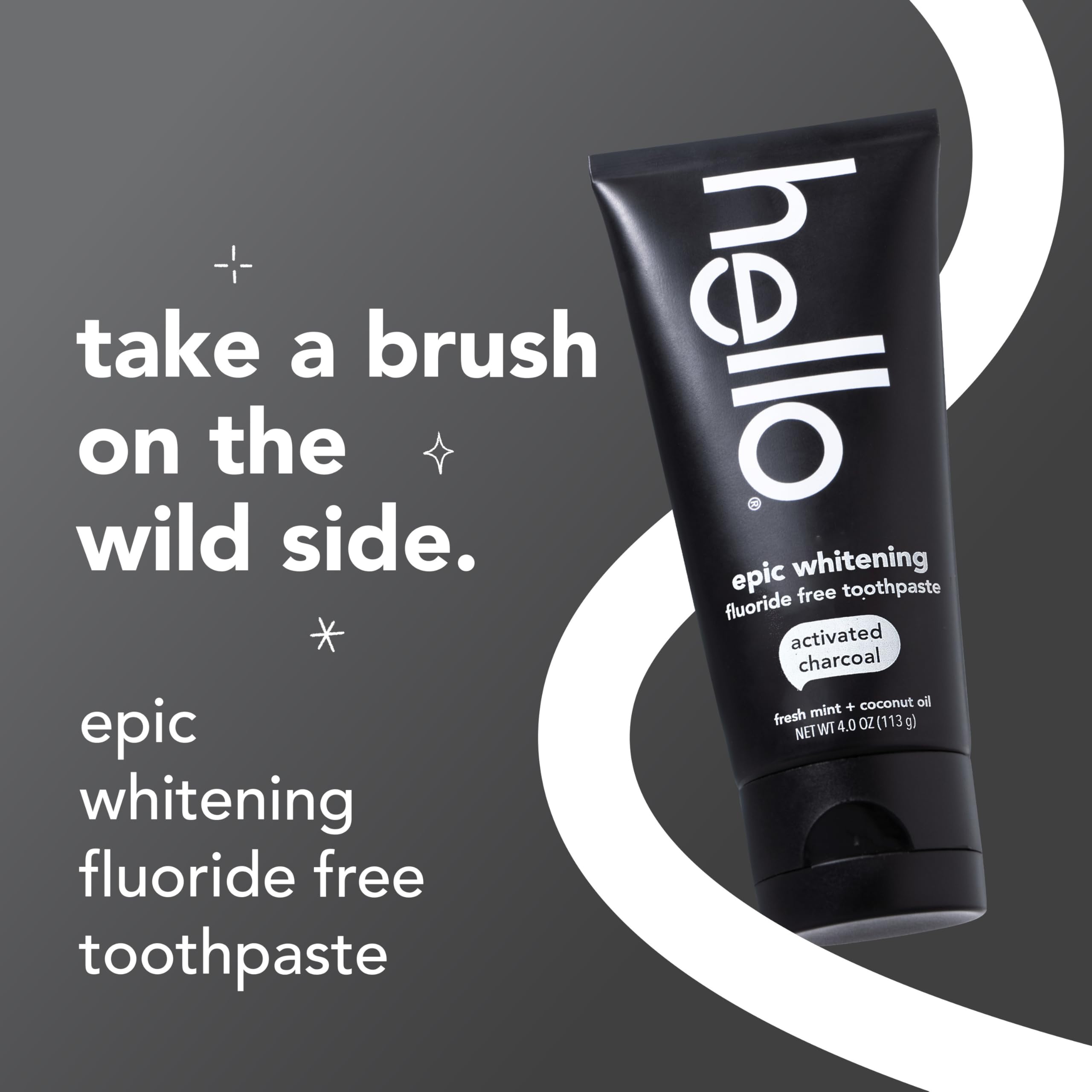 Three tubes of hello Epic Charcoal Whitening Toothpaste, natural toothpaste for whitening and freshening teeth.