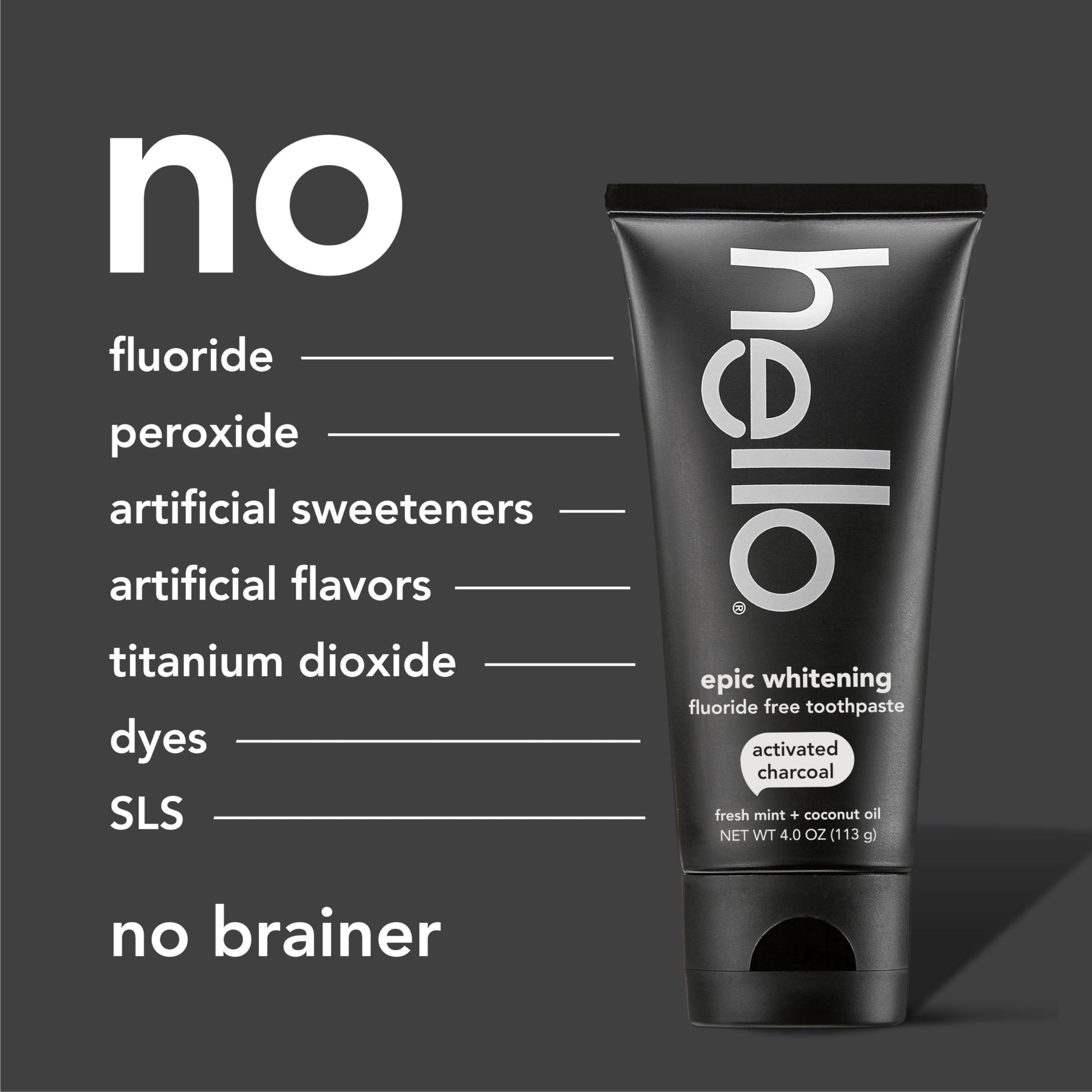 Three tubes of hello Epic Charcoal Whitening Toothpaste for effective teeth cleaning and whitening.