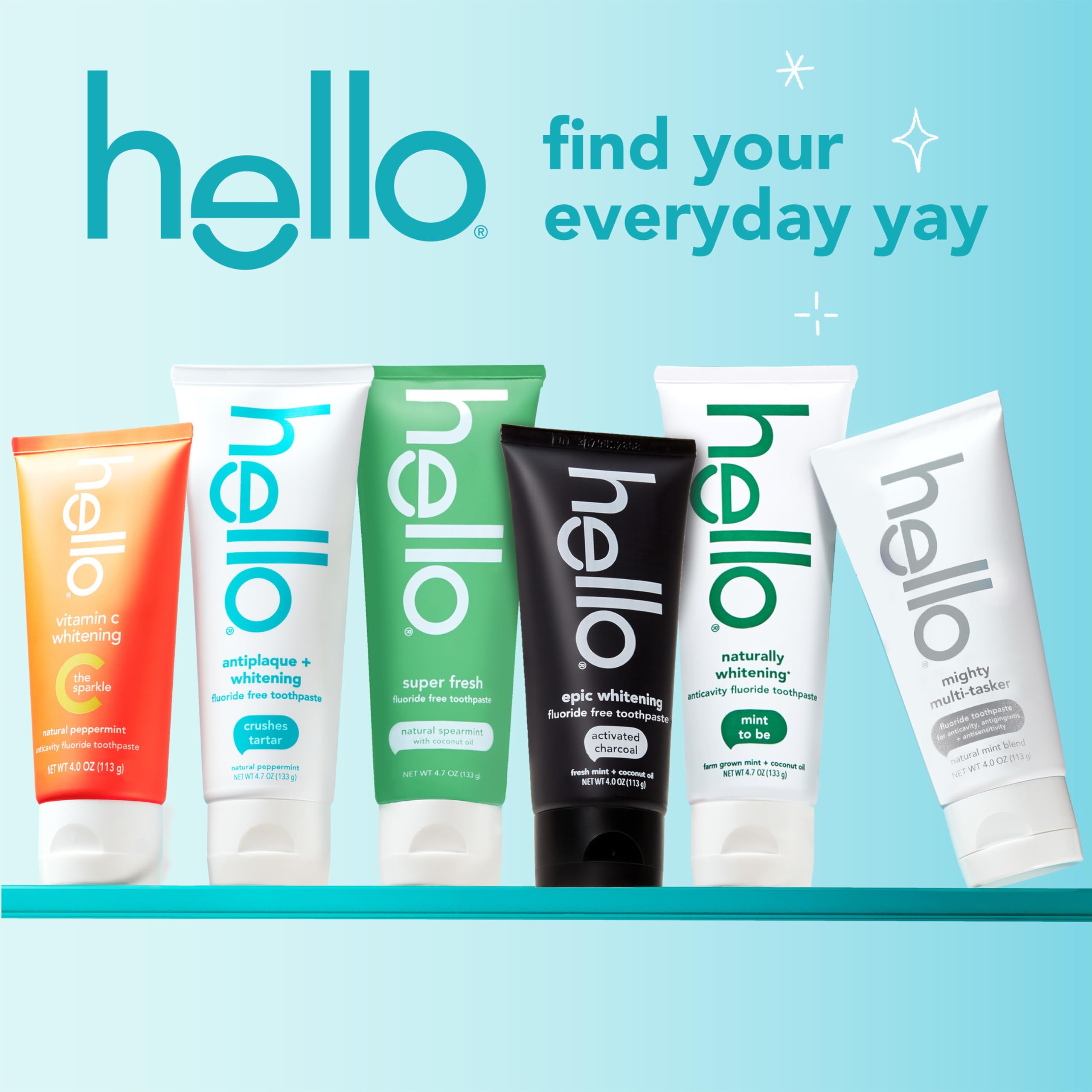 Three tubes of hello Epic Charcoal Whitening Toothpaste for effective teeth cleaning and brightening.