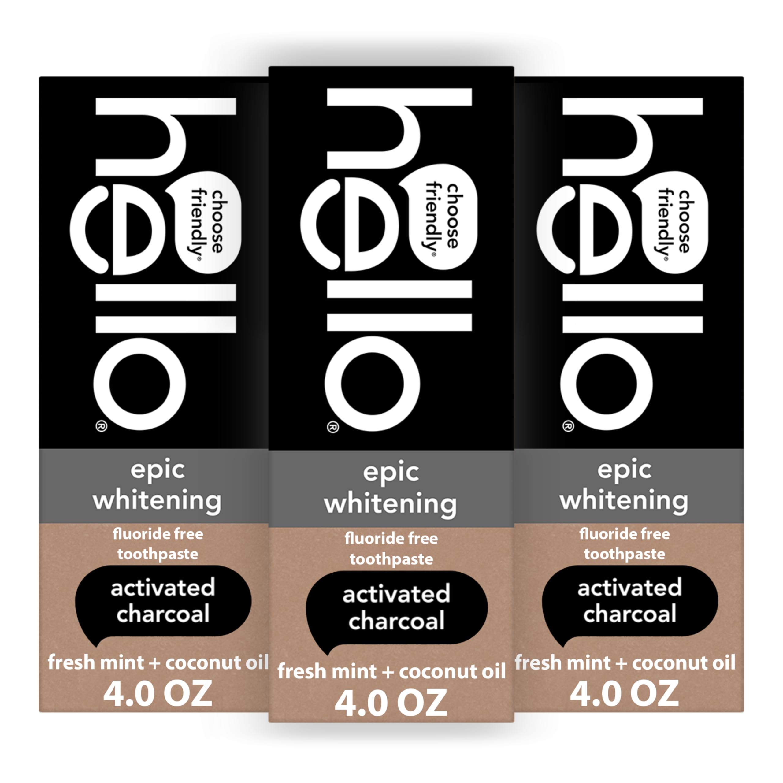 Three tubes of hello Epic Charcoal Whitening Toothpaste for effective teeth cleaning and whitening.