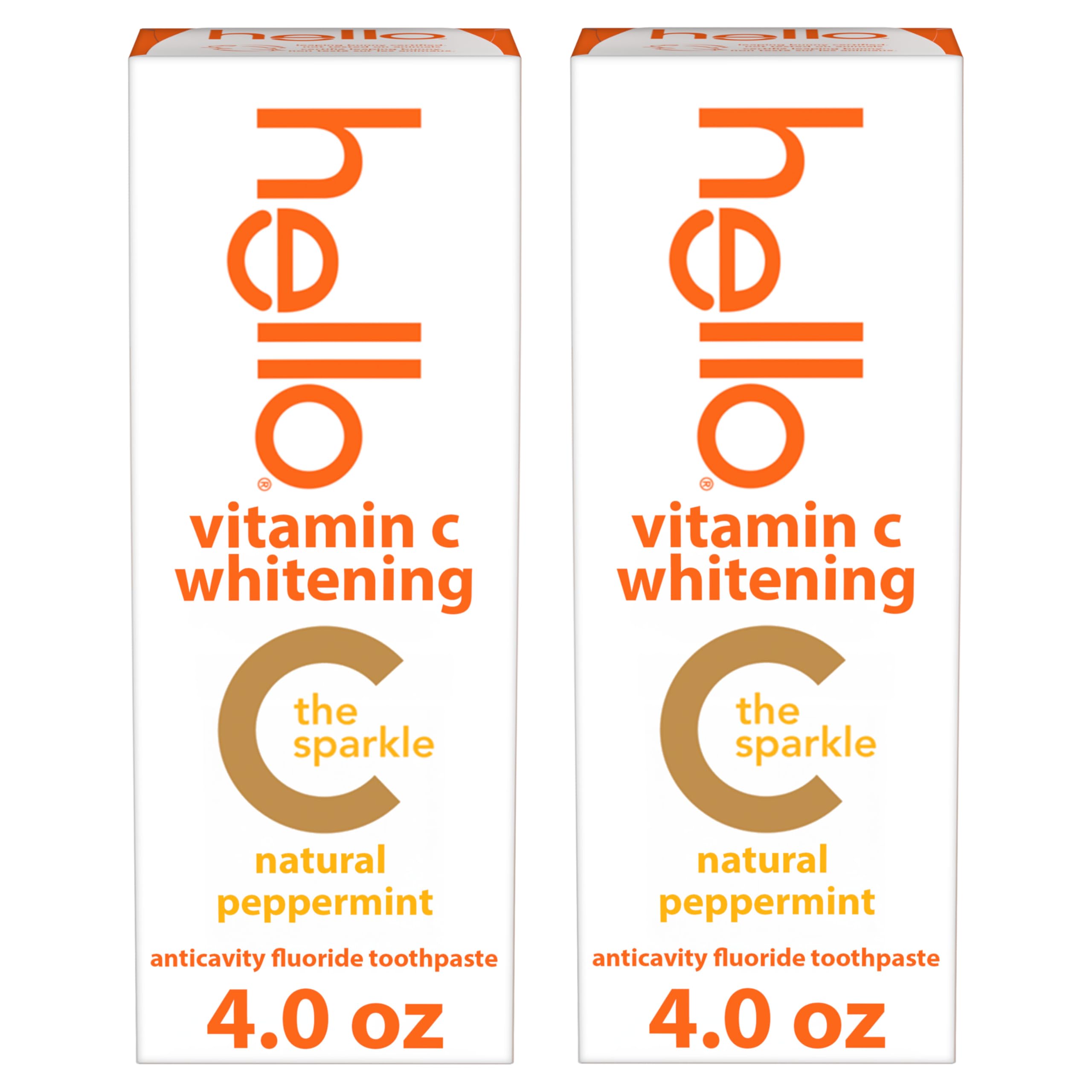 Two tubes of hello Vitamin C Whitening Toothpaste in 4oz size, natural toothpaste for brightening and oral cleaning.