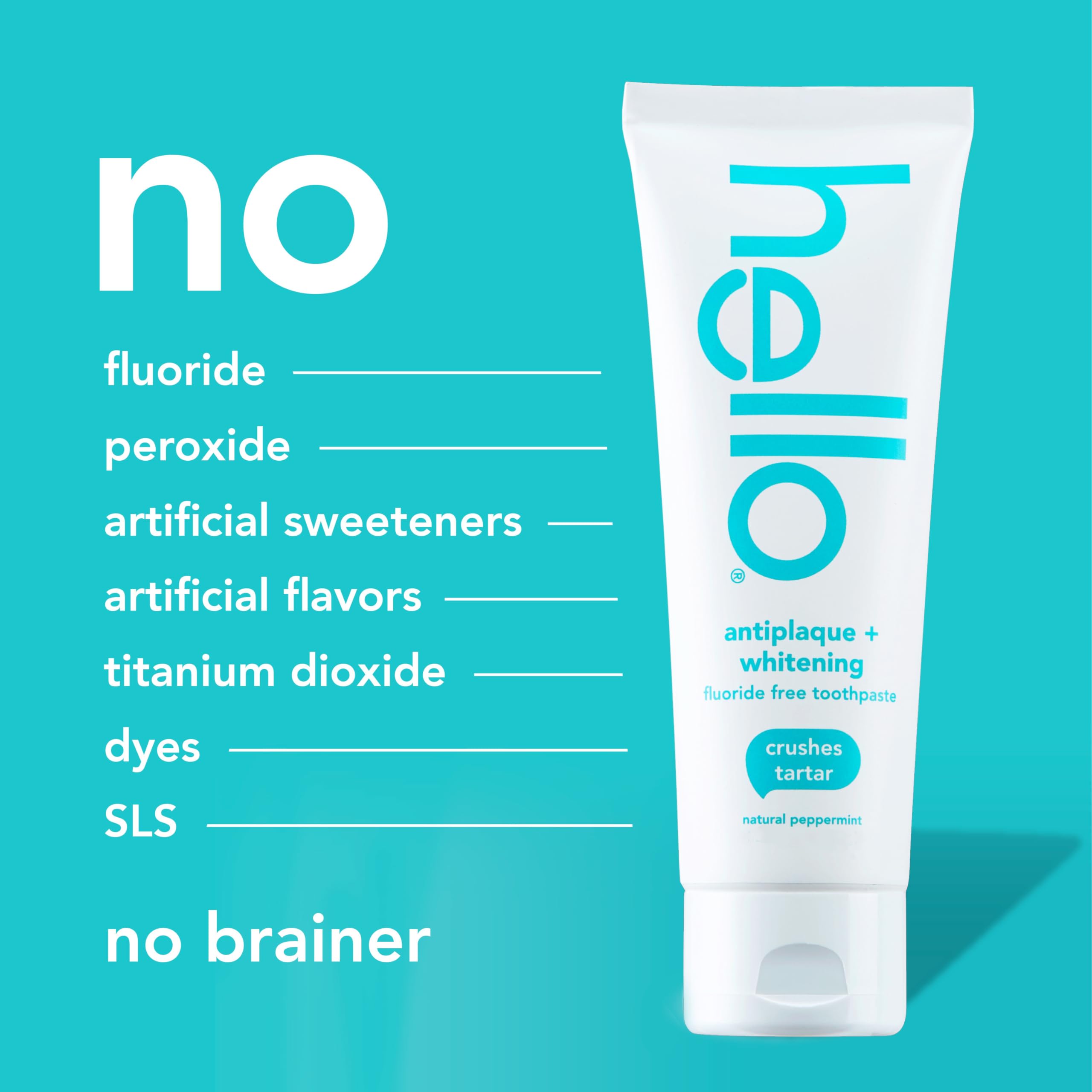 Three tubes of hello antiplaque whitening toothpaste with fluoride-free formula, featuring white and blue packaging.