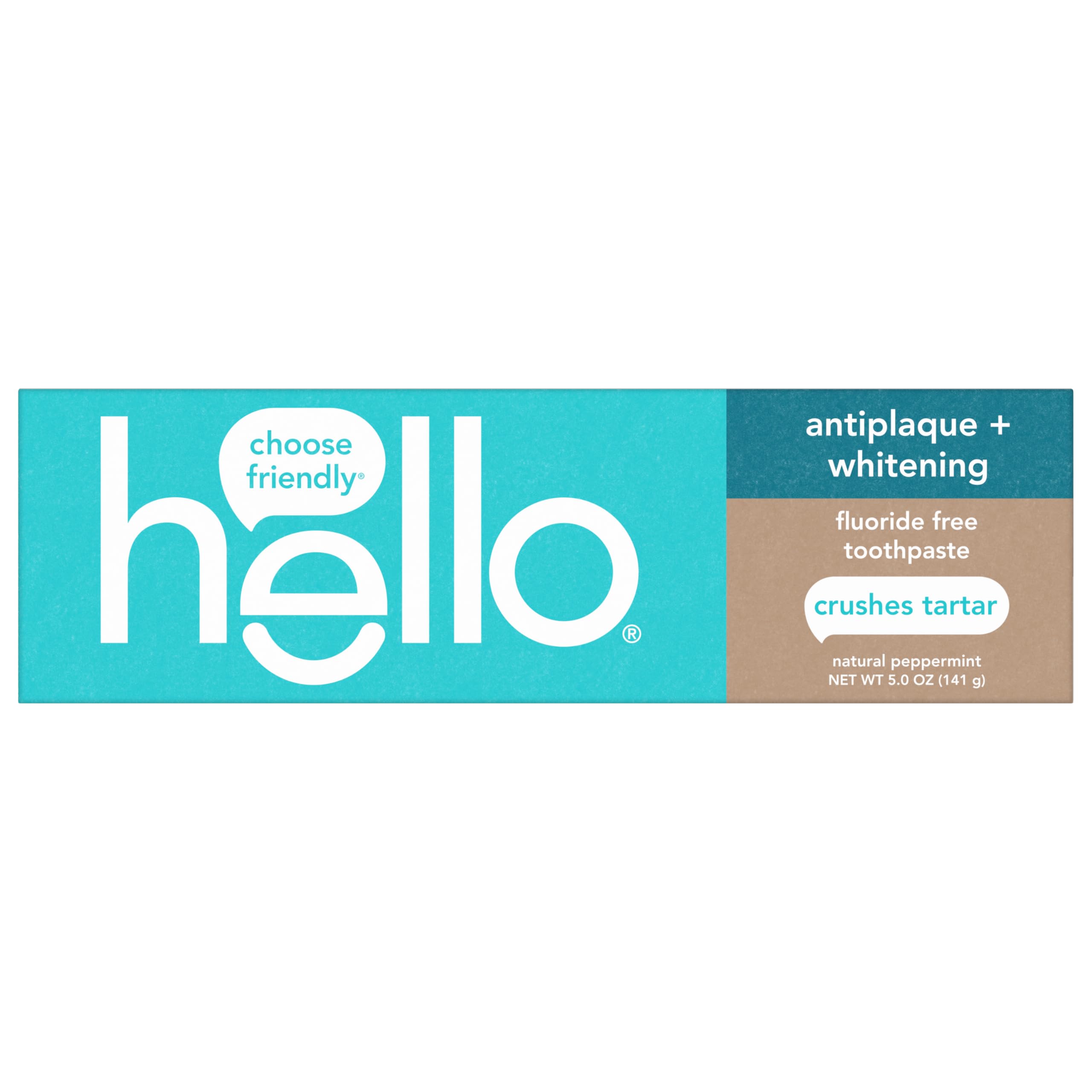 Three tubes of hello brand whitening toothpaste with antiplaque and fluoride-free formula, displayed together in a 3-pack.