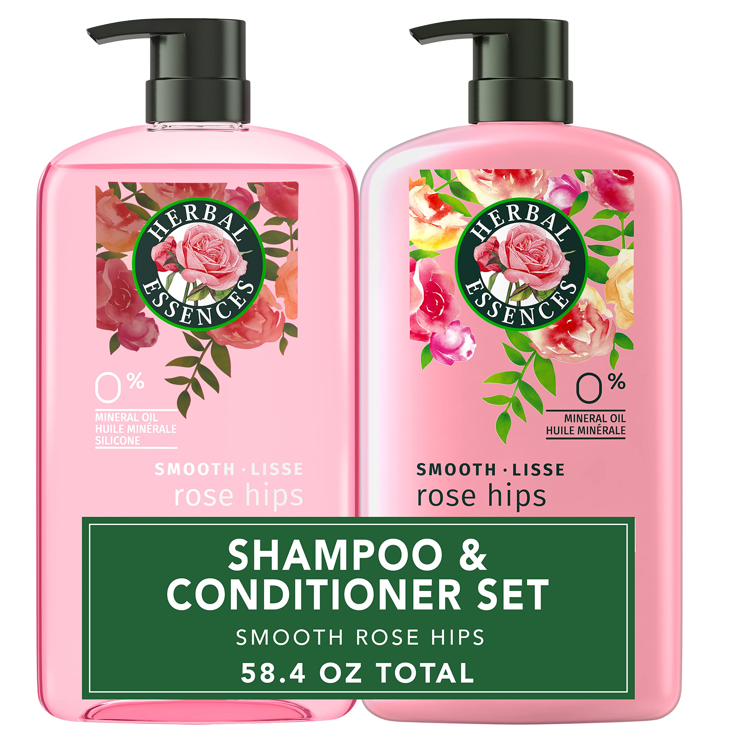 Herbal Essences Rose Hips shampoo and conditioner set, hair cleaner and conditioner for healthy, fragrant hair.
