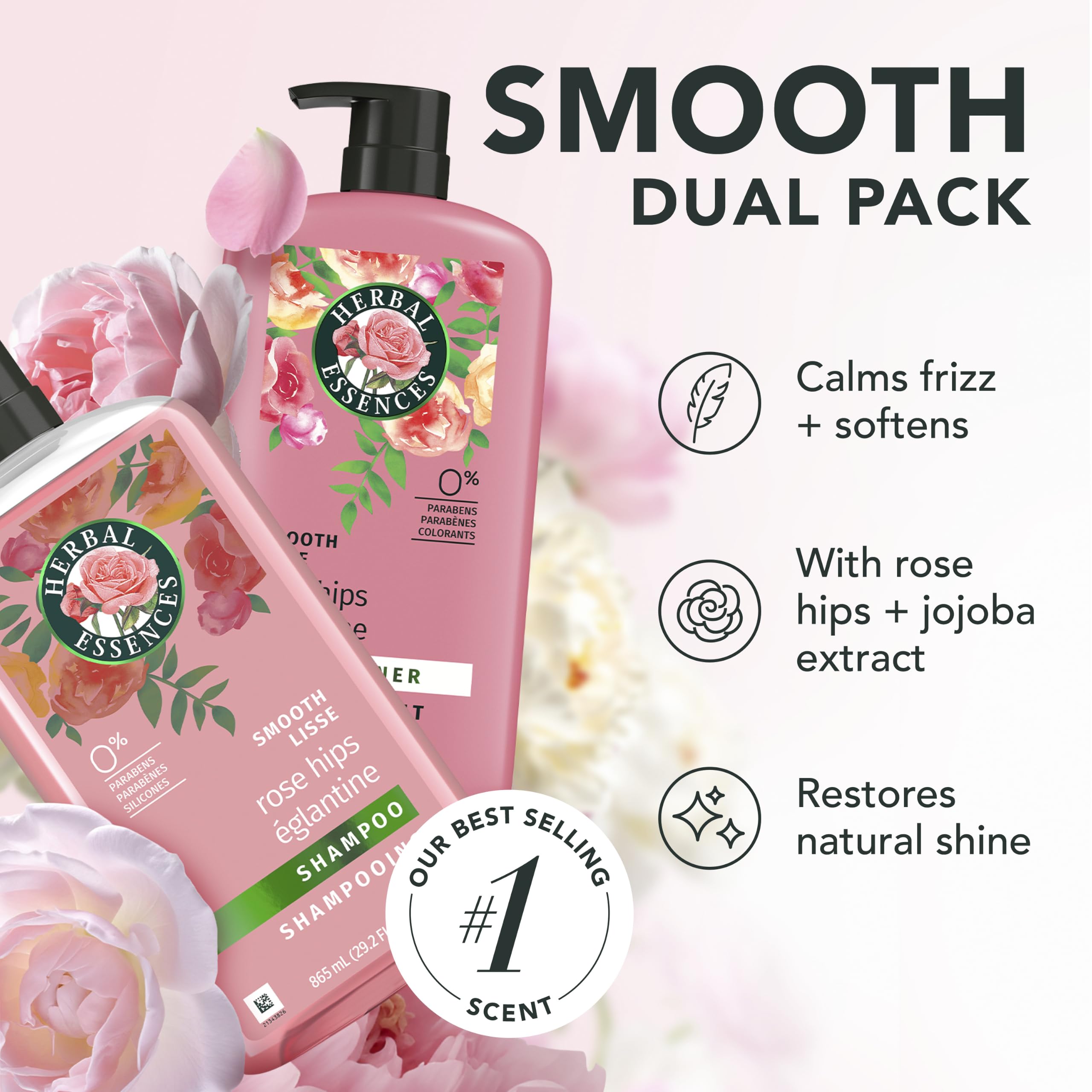 Herbal Essences Rose Hips shampoo and conditioner set, hair cleaner and conditioner for nourishing and fragrant hair care.