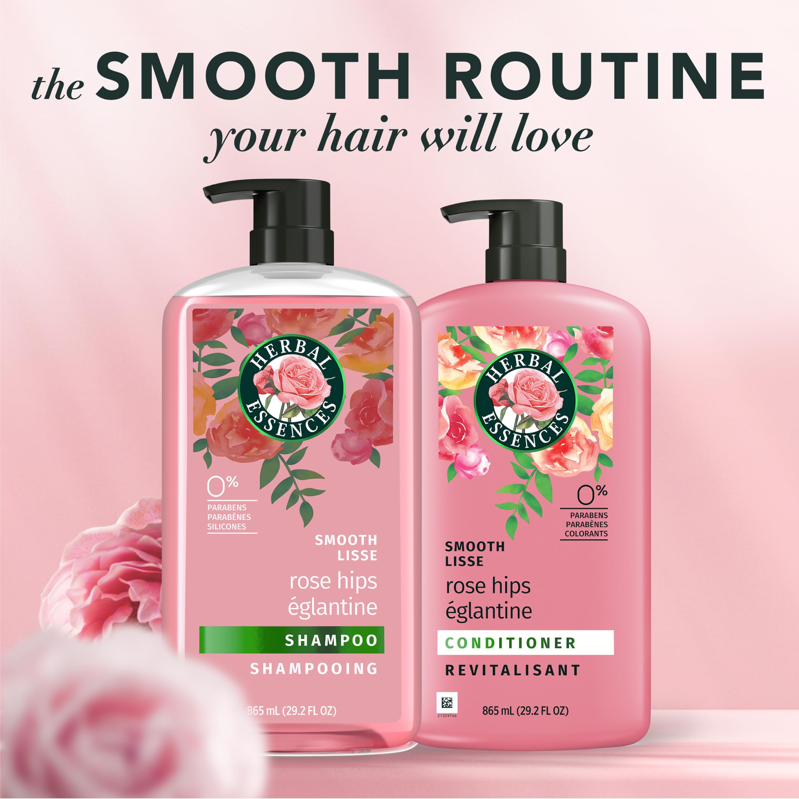 Herbal Essences Rose Hips shampoo and conditioner set with floral bottles, designed for nourishing hair care.