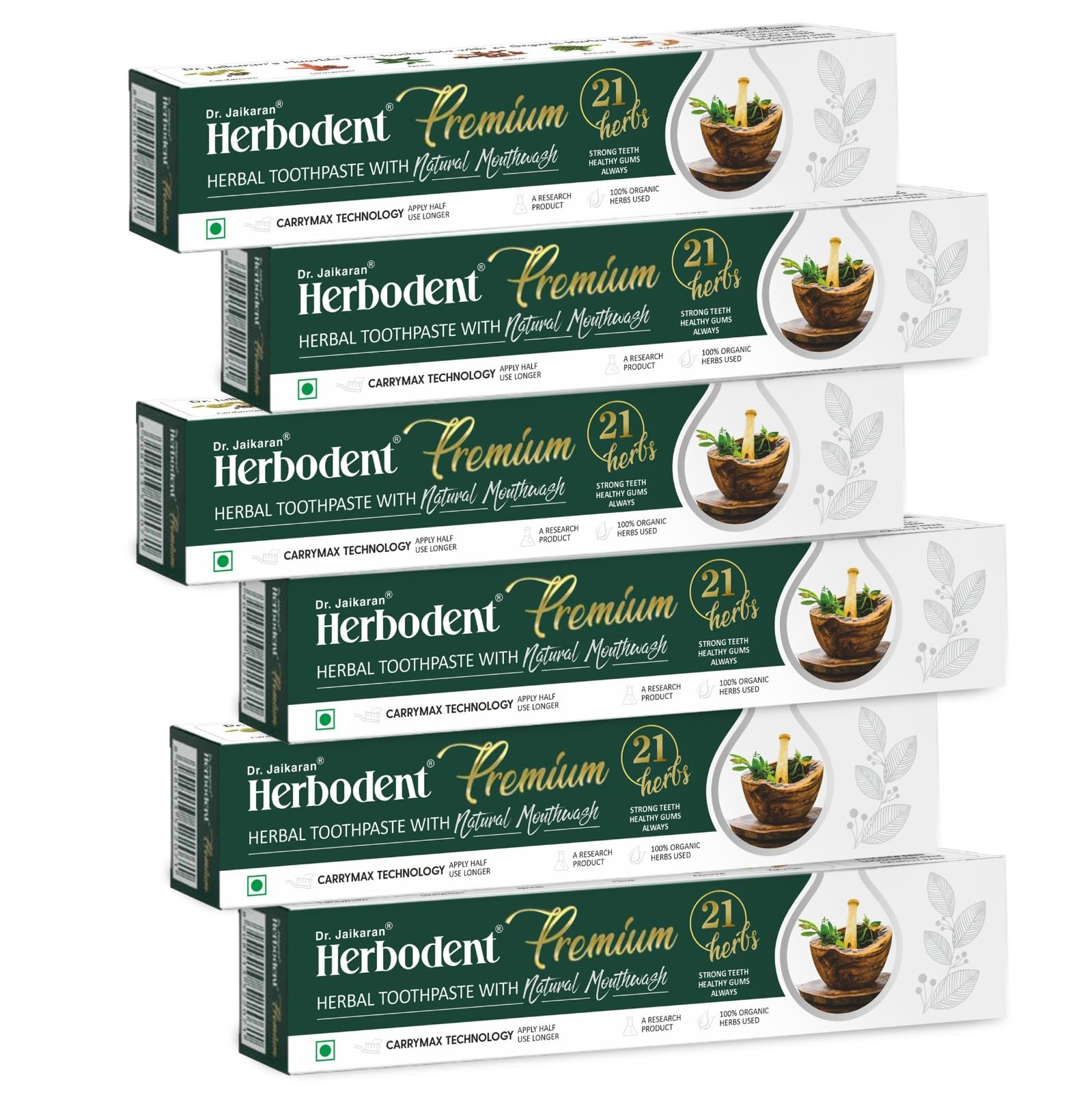Herbodent Premium Toothpaste 21 Herbs 6-pack, herbal tooth cleaning agent in 5.82oz tubes, natural oral care product.