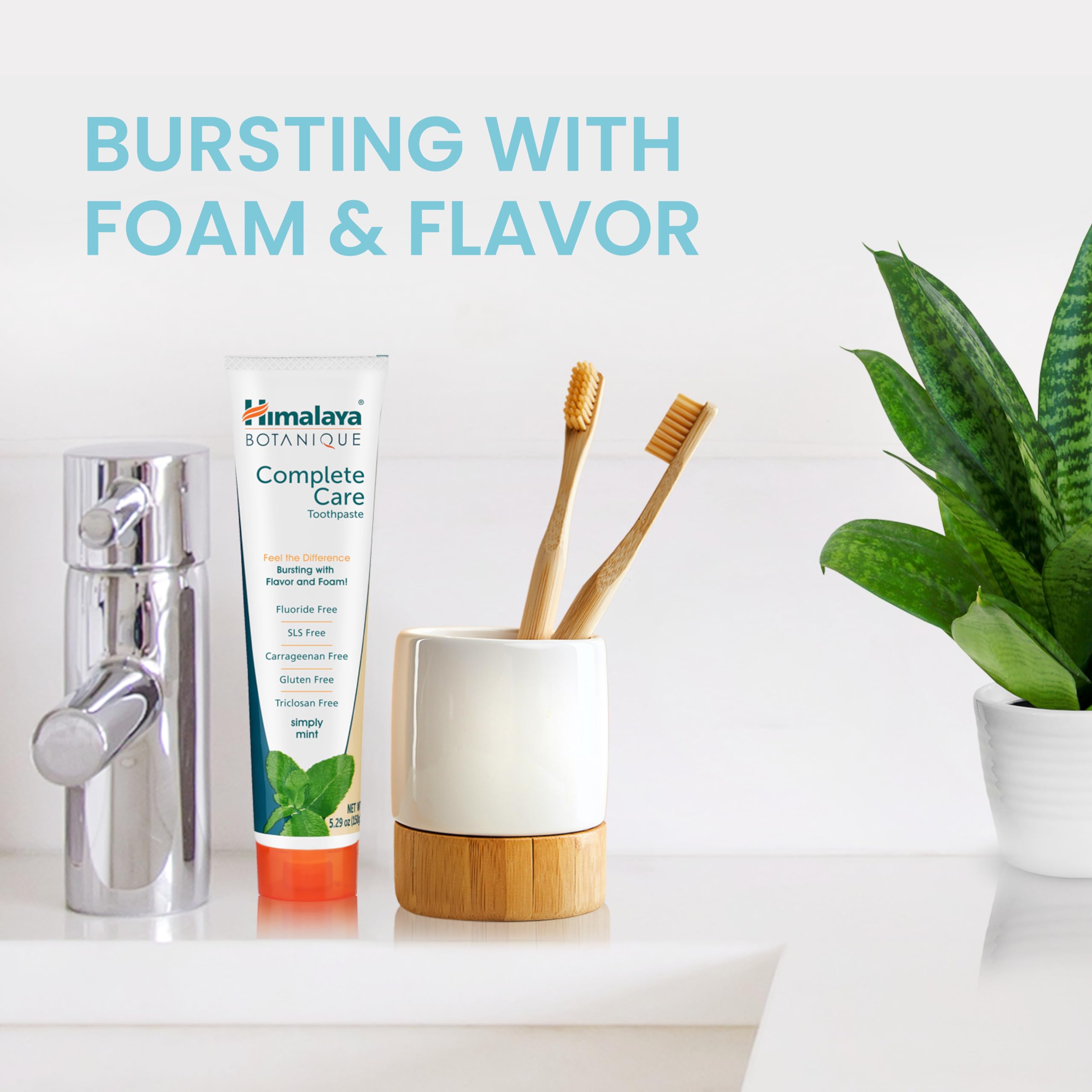 Himalaya Botanique Complete Care Herbal Whitening Toothpaste tube with herbal ingredients for natural oral care.