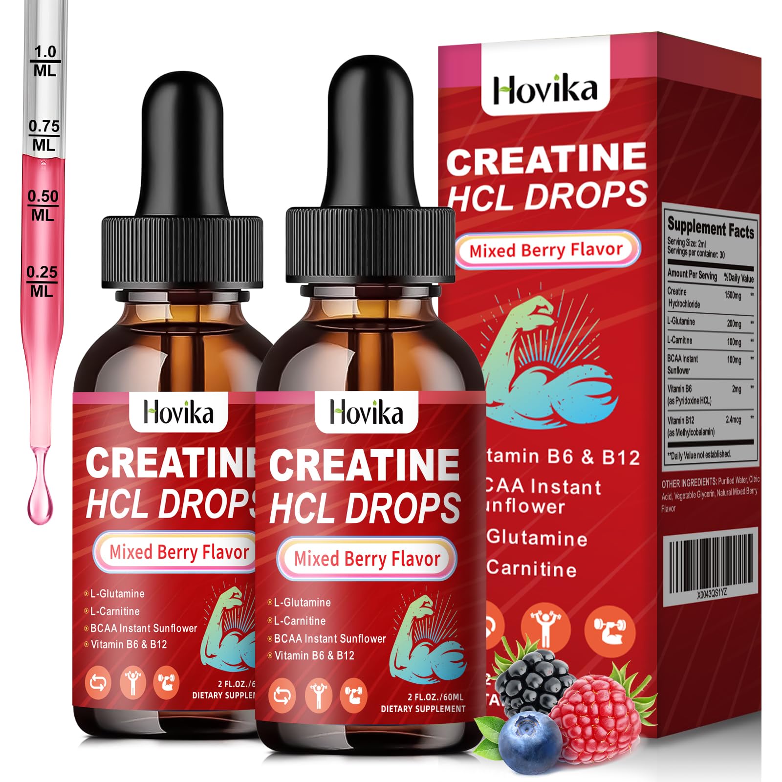 Hovika Creatine HCL Liquid Drops in Mixed Berry flavor, 4 fl oz, nutritional supplement for energy and muscle support.