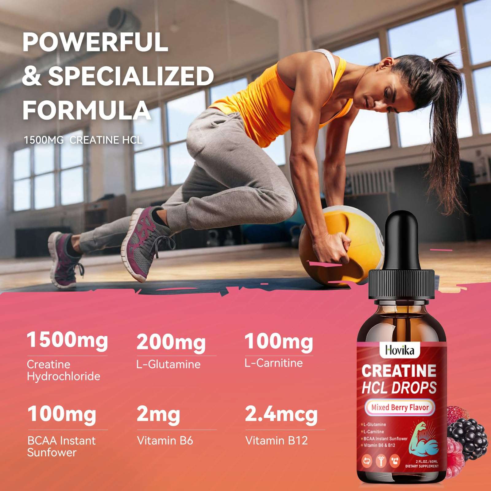 Hovika Creatine HCL Liquid Drops in Mixed Berry flavor, 4 fl oz nutritional supplement bottle with dropper for easy dosing.