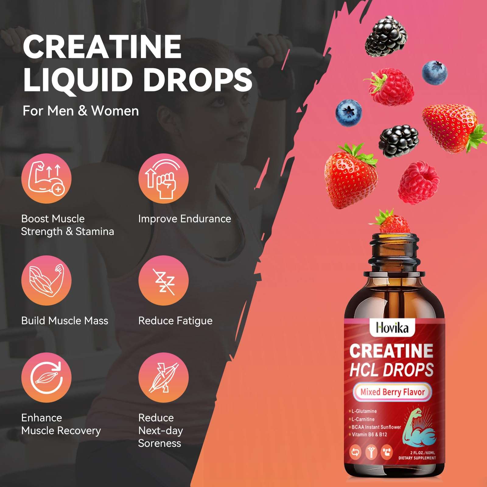 Hovika Creatine HCL Liquid Drops in mixed berry flavor, nutritional supplement bottle with dropper, 4 fl oz.
