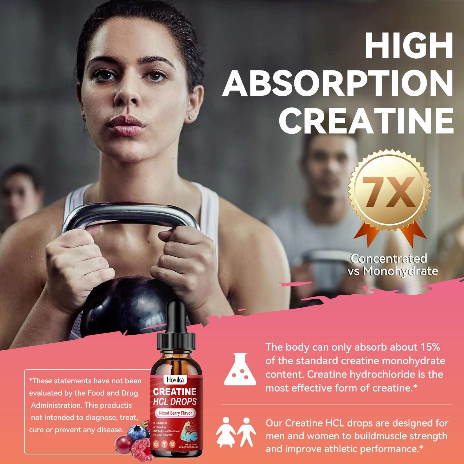 Hovika Creatine HCL Liquid Drops in mixed berry flavor, 4 fl oz nutritional supplement bottle with dropper for easy use