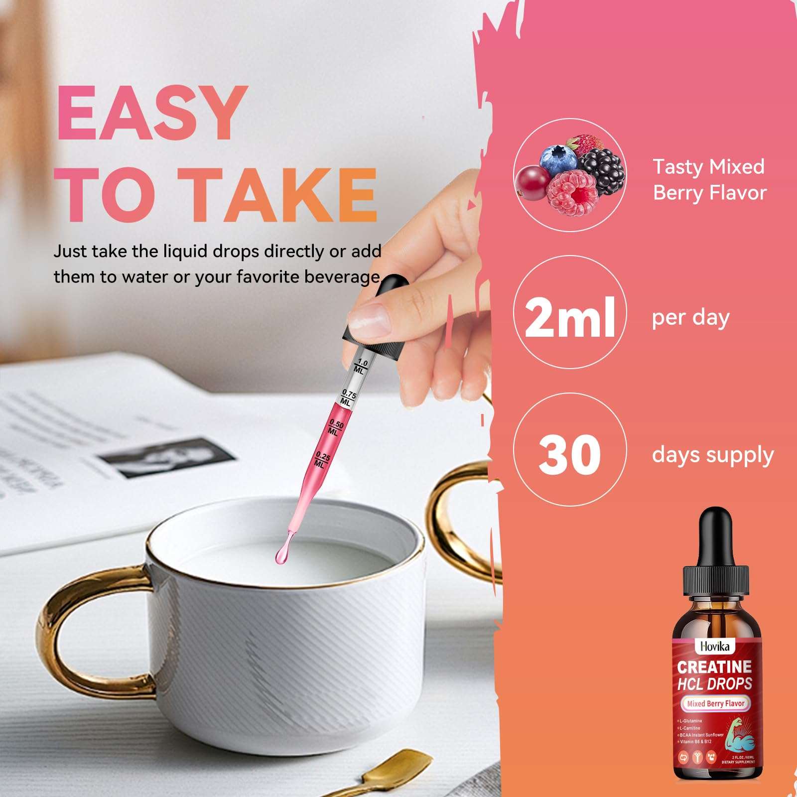 Hovika Creatine HCL Liquid Drops in Mixed Berry flavor, 4 fl oz nutritional supplement with a dropper bottle for easy use