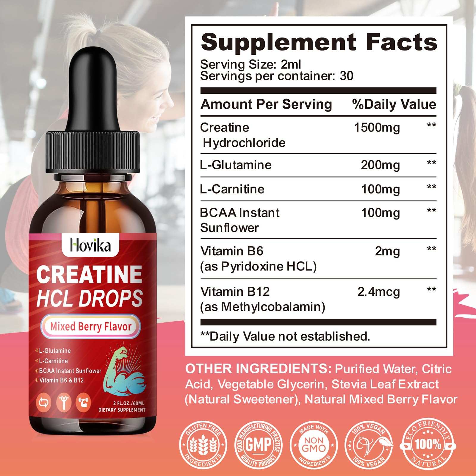 Hovika Creatine HCL Liquid Drops in Mixed Berry flavor, 4 fl oz, a nutritional supplement with berry-flavored liquid drops.