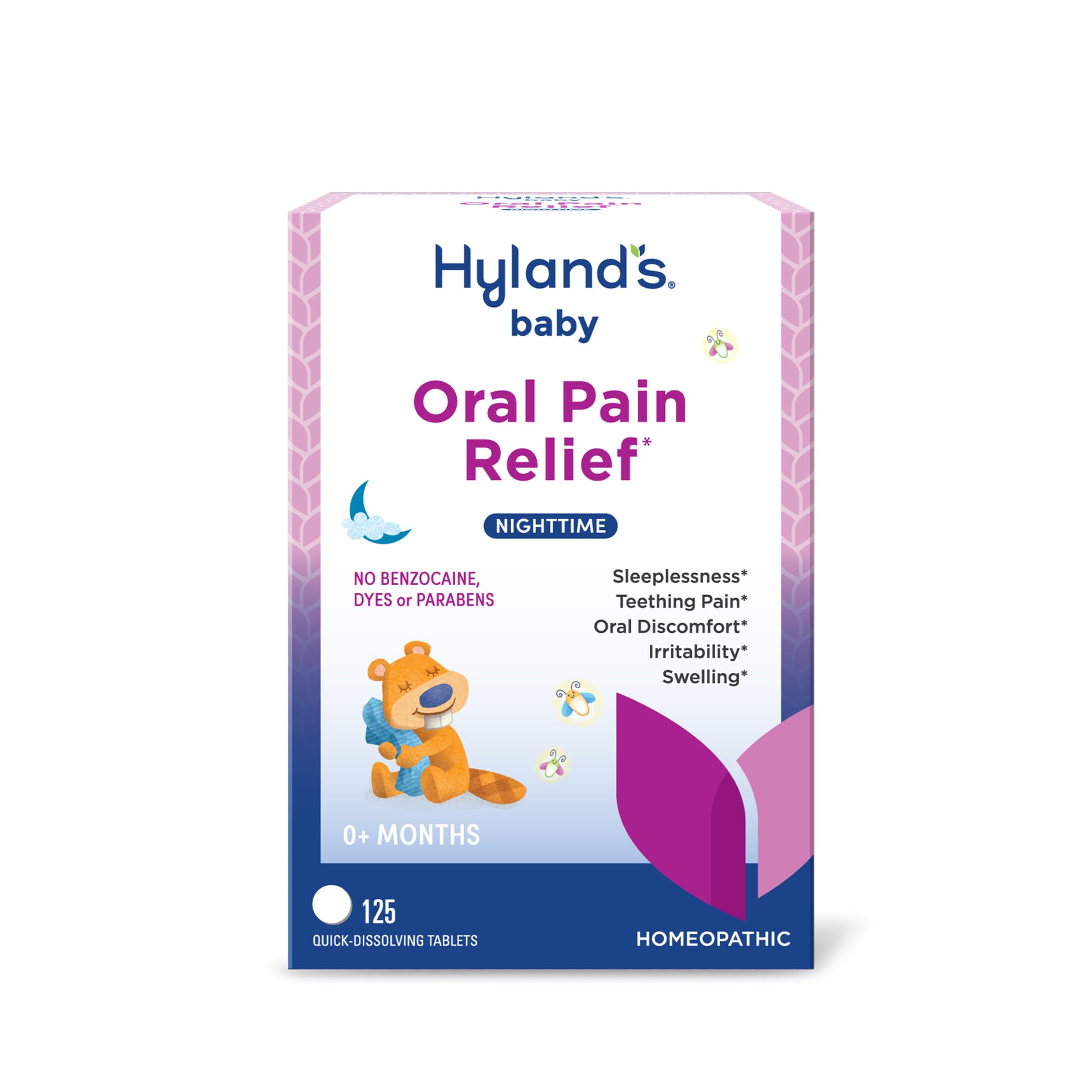 Hyland's Baby Nighttime Oral Pain Tablets in a 125-count bottle, natural medication for infants' oral discomfort relief.