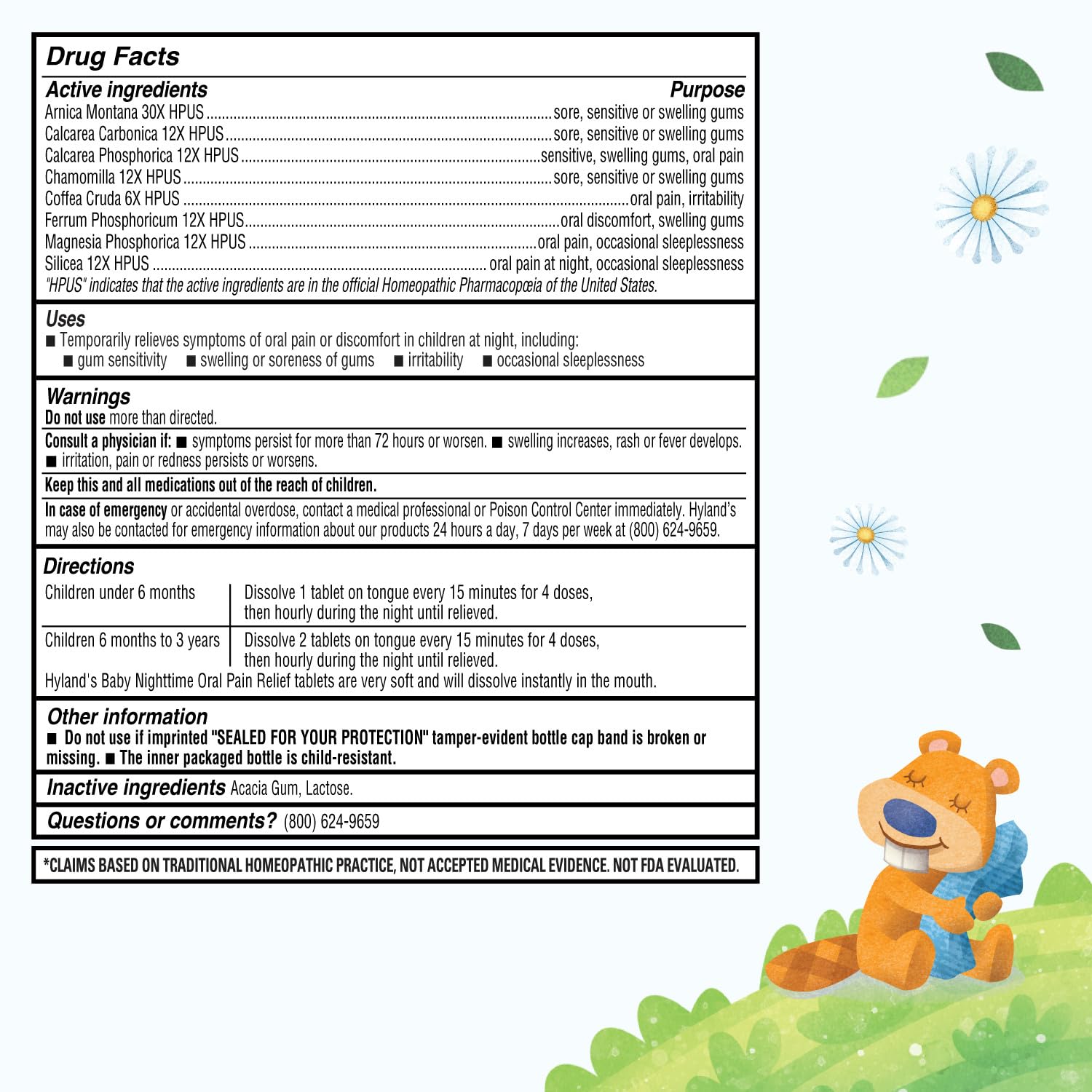 Hyland's Baby Nighttime Oral Pain Tablets in 125-count bottle, natural medication for infant oral discomfort.