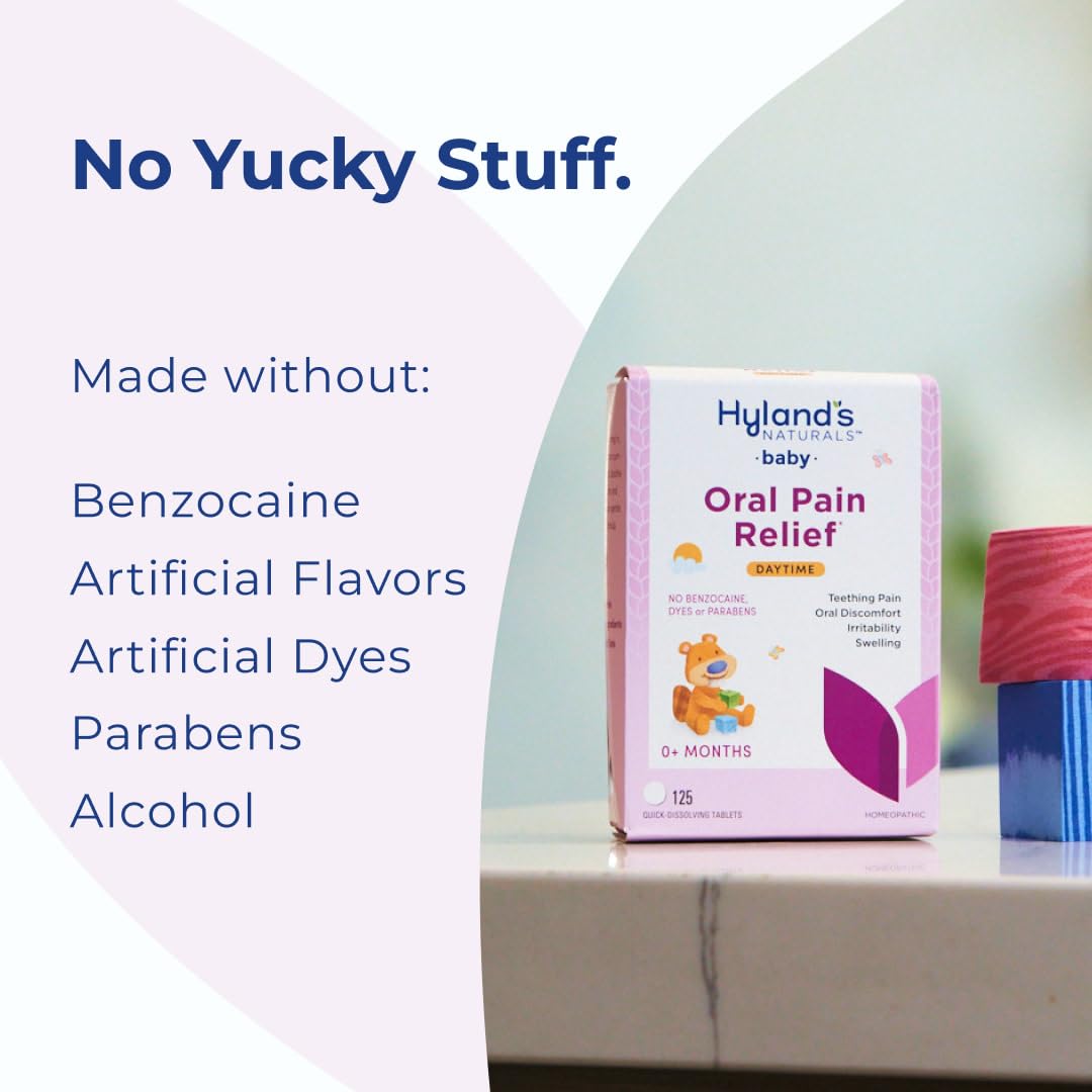 Hyland's Baby Nighttime Oral Pain Tablets in a bottle, medication for infants' oral discomfort, 125 count.