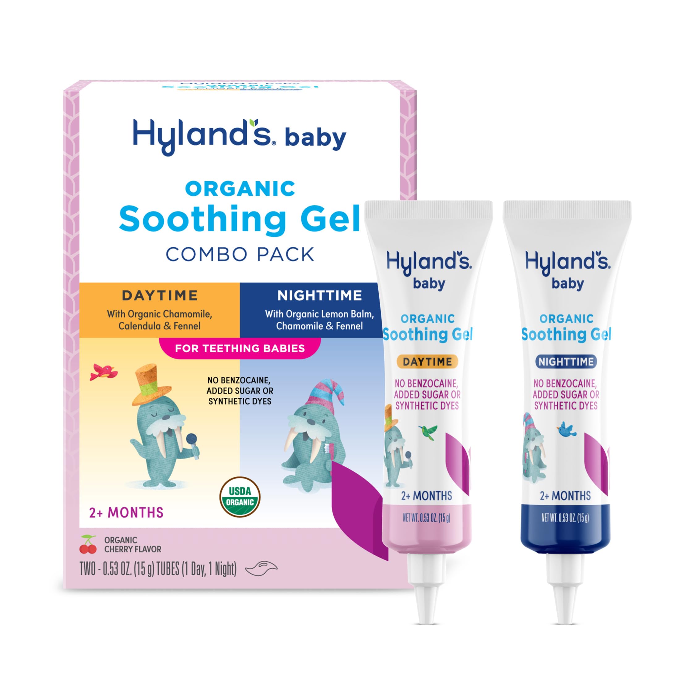 Hyland's Baby Organic Teething Gel Day & Night Combo, natural teething relief for infants, in a safe, gentle formula.