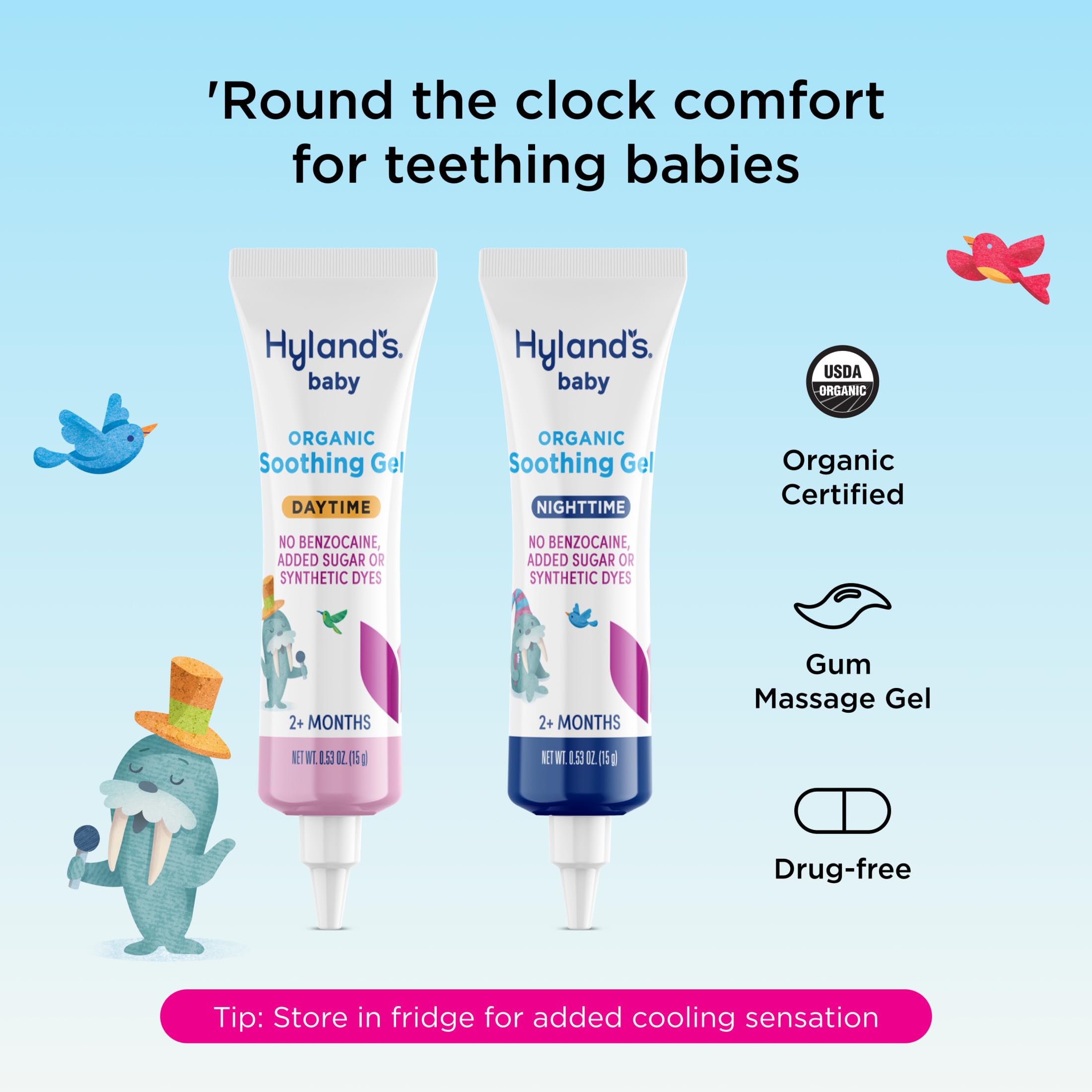 Hyland's Baby Organic Teething Gel Day & Night Combo, natural teething relief for infants, in a packaging with gel tubes.